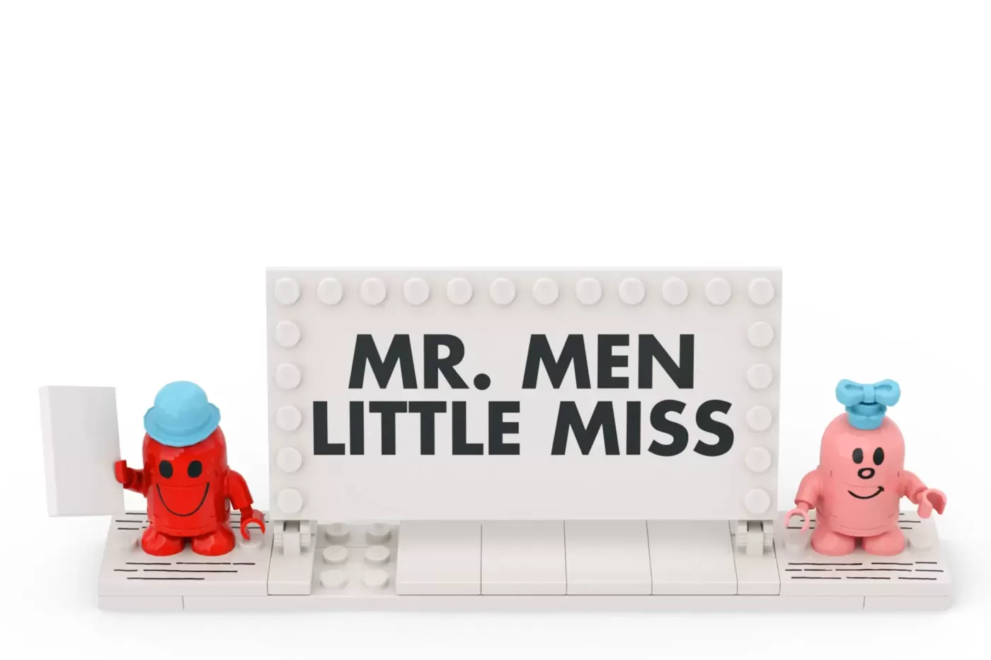 LEGO Mr. Men Little Miss display with red and pink minifigures flanking a white baseplate sign.