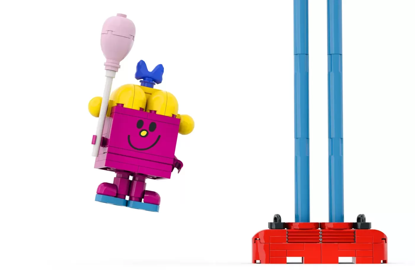 LEGO Little Miss Naughty character figure with pink body, yellow hair, blue bow, holding pink balloon, standing on red base.