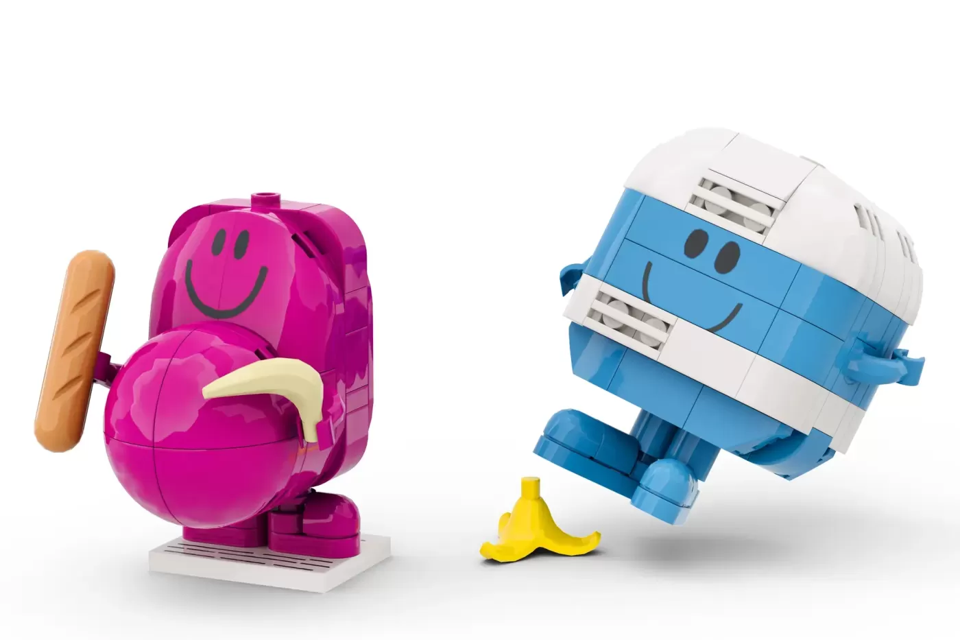 Two LEGO character builds: pink smiling Mr. Men figure with baguette, blue and white rotating character with happy face.
