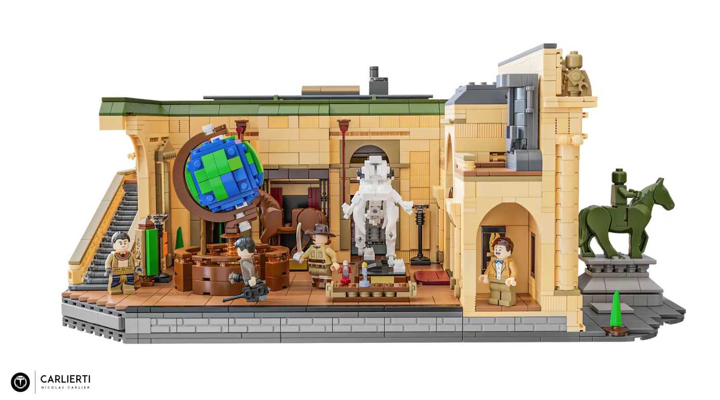 LEGO Night at the Museum set featuring museum interior with minifigures, globe display, dinosaur skeleton, and equestrian …
