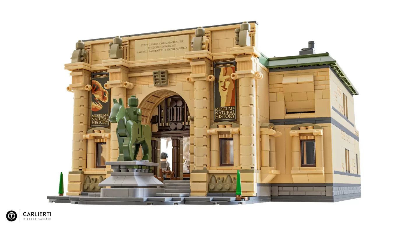 LEGO® Museum of Natural History building set with tan stone facade, arched entrance, banners, and green cactus statue.