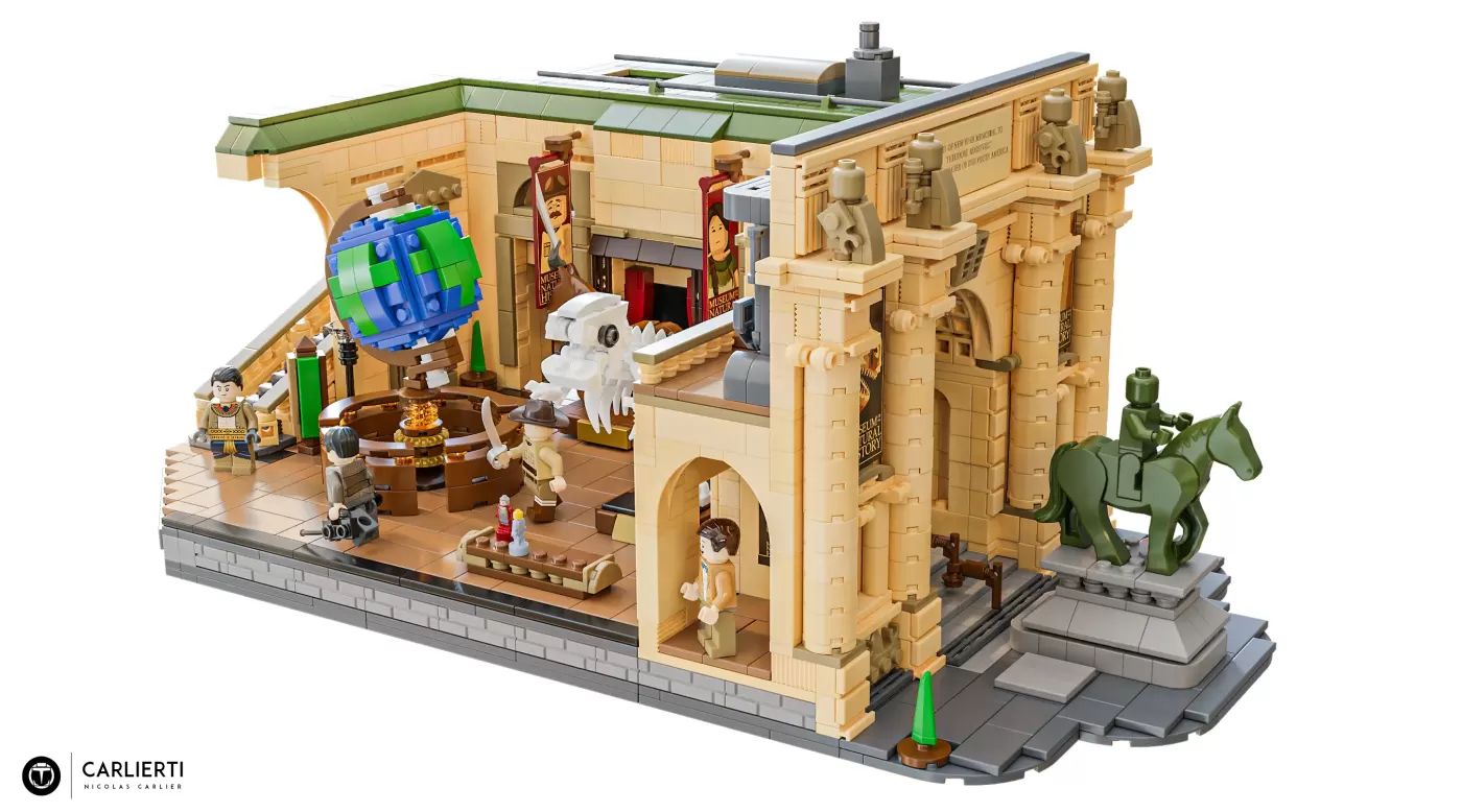 LEGO Night at the Museum set featuring museum interior with minifigures, dinosaur statue, and architectural details.