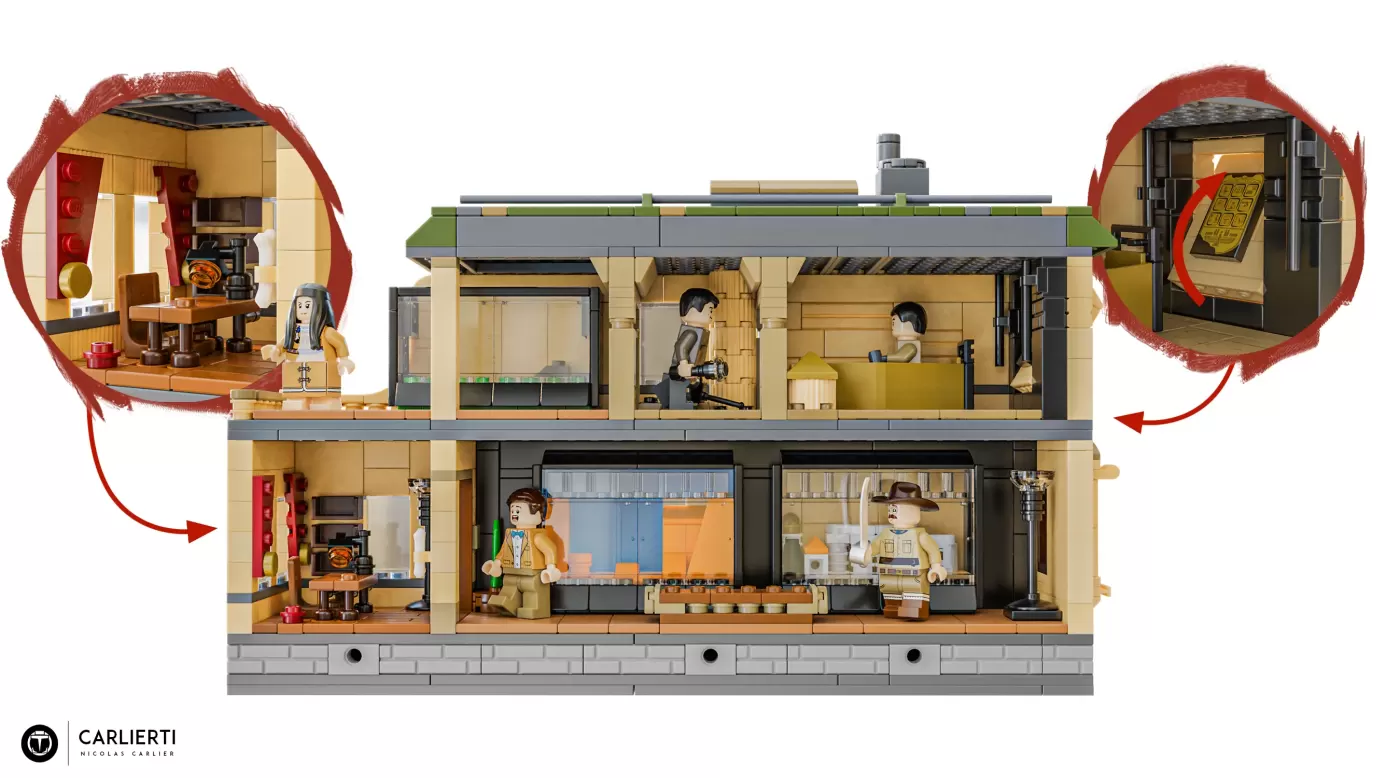 LEGO museum building set with minifigures in various rooms including kitchen, office, and living spaces with detailed inte…
