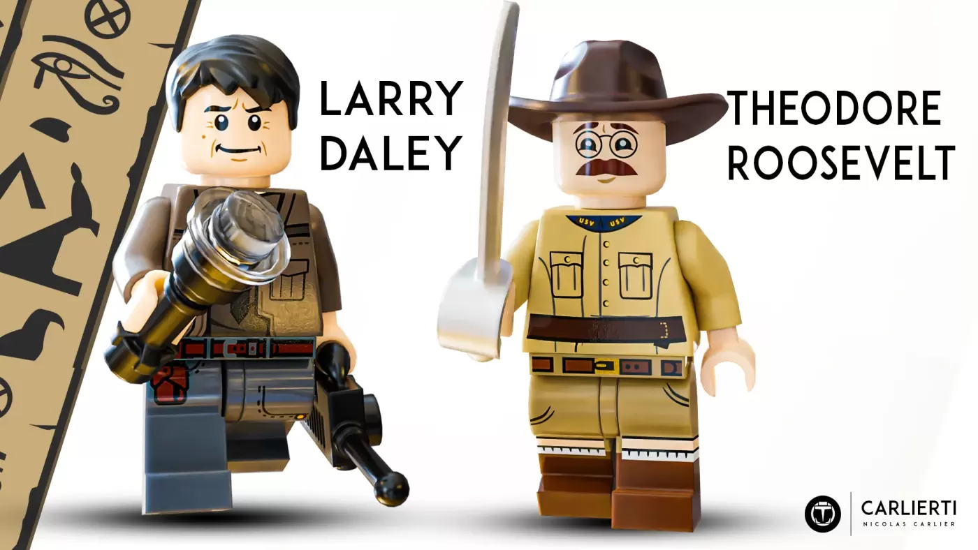 LEGO minifigures of Larry Daley and Theodore Roosevelt with Egyptian backdrop and accessories.