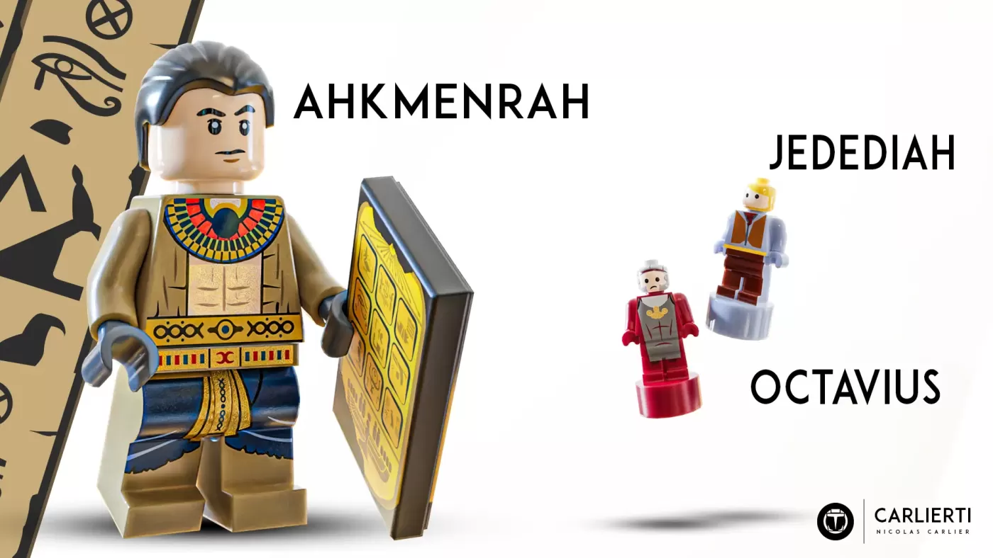 LEGO minifigures of Ahkmenrah, Jedediah, and Octavius from Night at the Museum with Egyptian hieroglyphic backdrop.