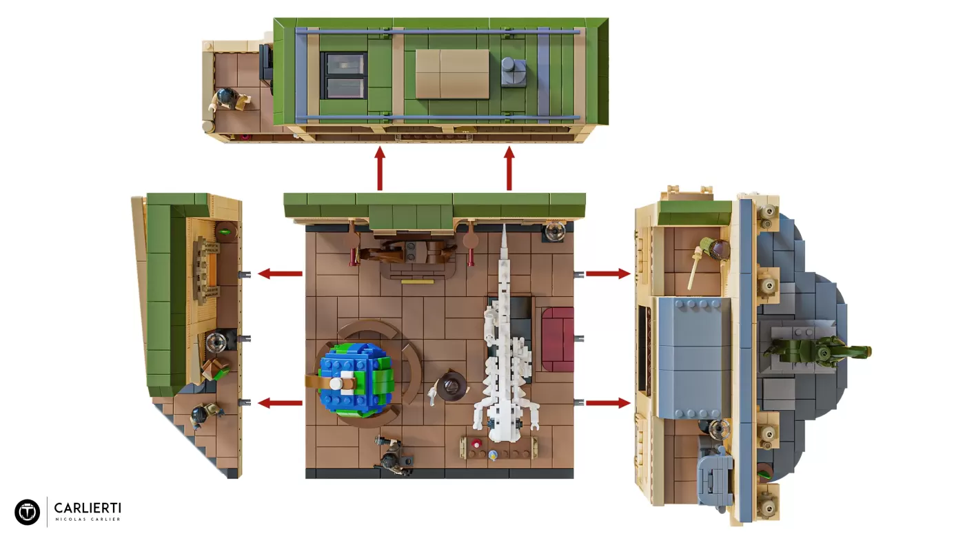 LEGO modular building set with expandable rooms showing detailed interior layouts and minifigures.