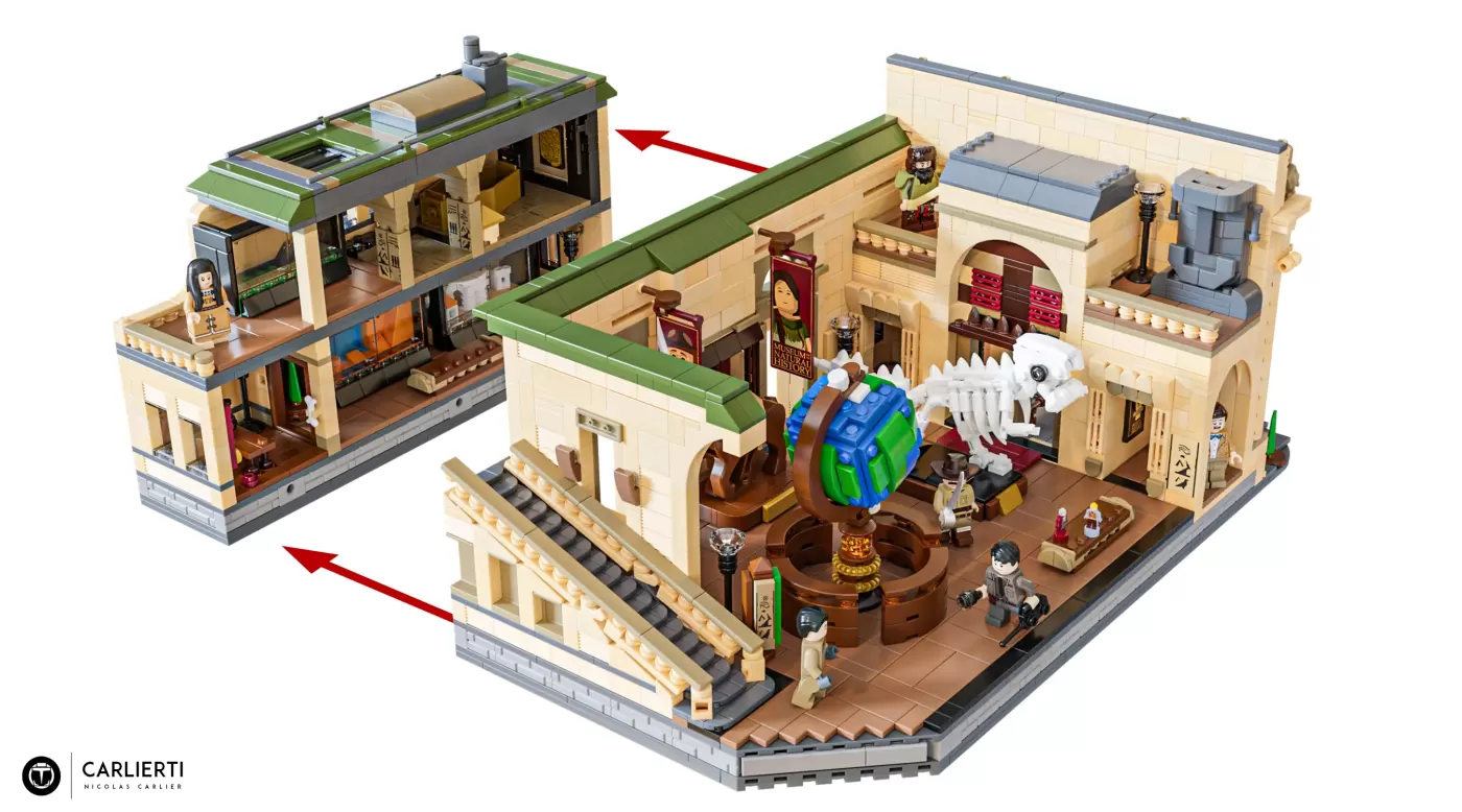 LEGO museum set featuring interconnected buildings with minifigures, dinosaur skeleton, and detailed interior rooms across…