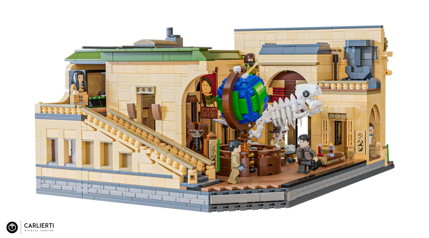 LEGO Museum building set with dinosaur skeleton, minifigures, arched entrance, and detailed interior displays on baseplate.