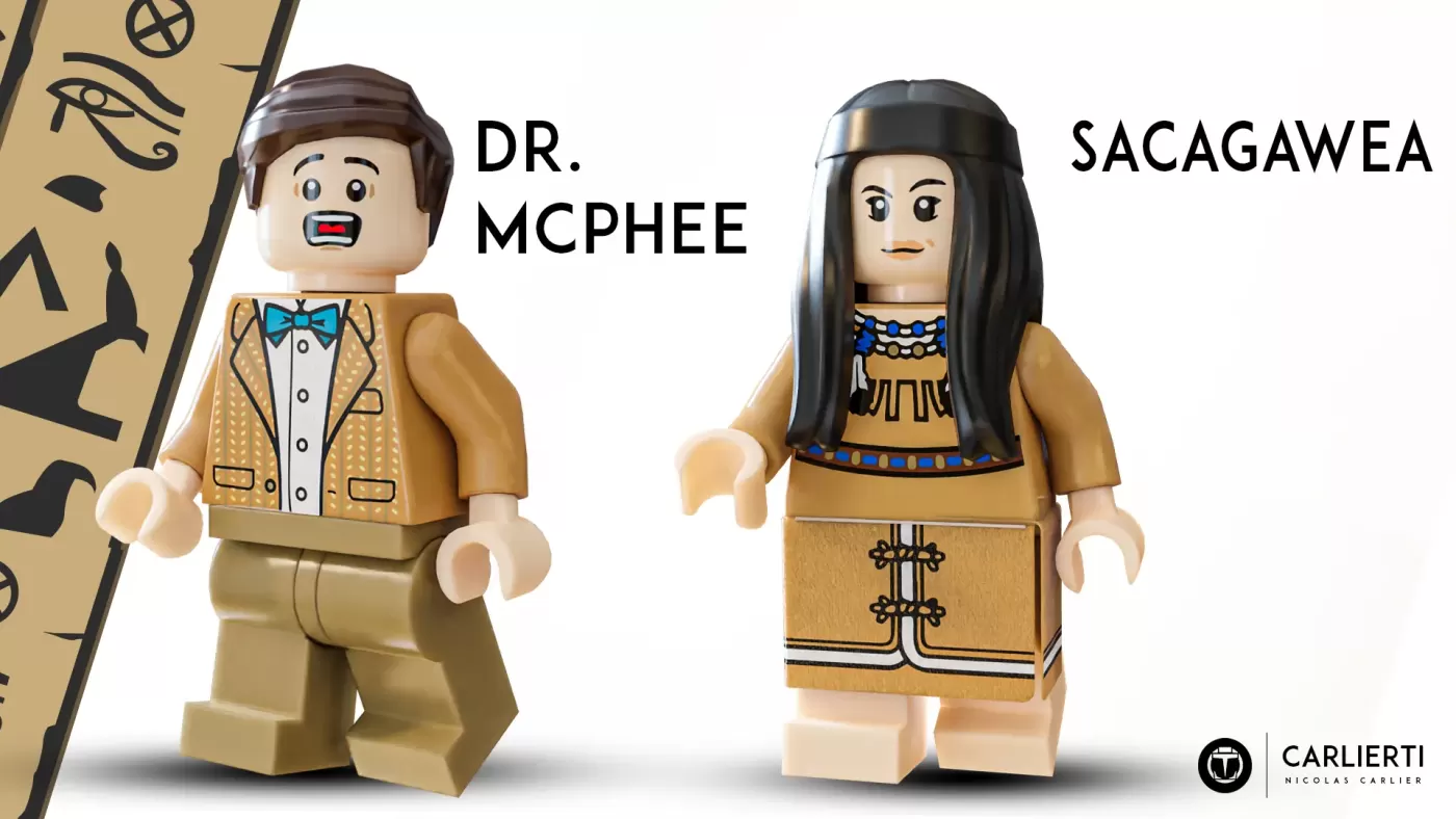 Two LEGO minifigures: Dr. McPhee in tan suit with blue bow tie, and Sacagawea in tan dress with blue beaded necklace and l…