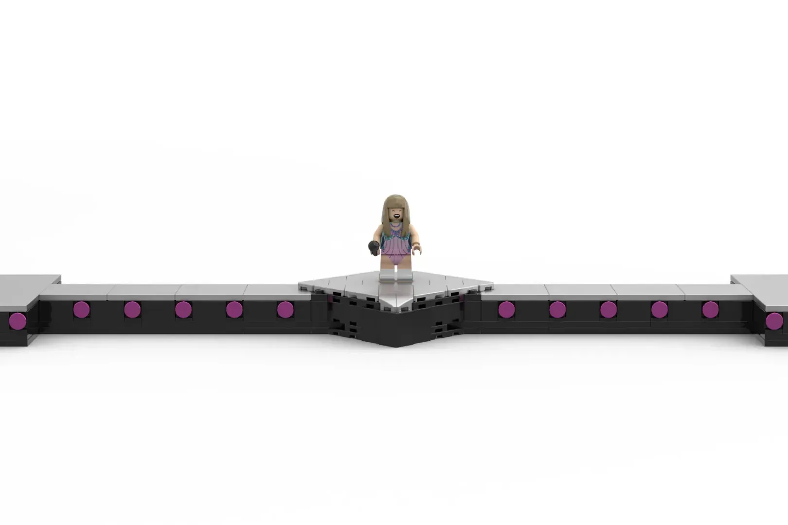 LEGO minifigure on elevated stage platform with purple accent lights and extended black base structure.