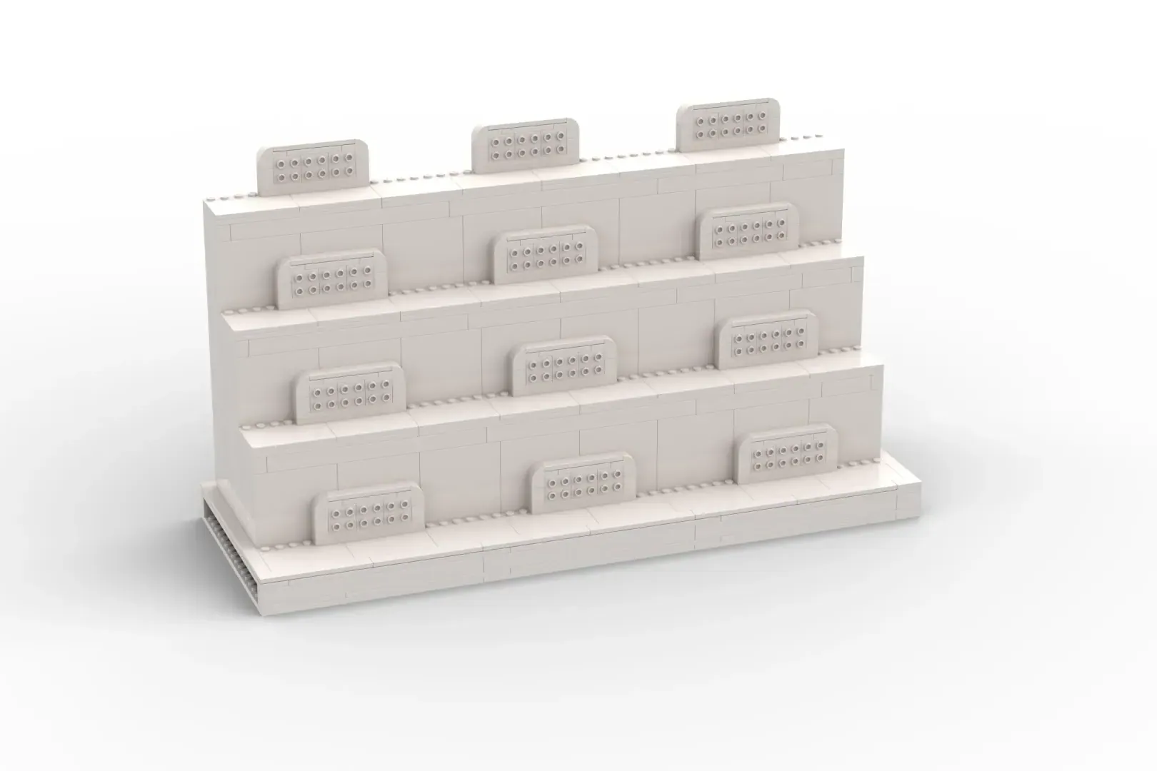 LEGO display shelf with white modular panels holding multiple disc storage units across four tiered levels.