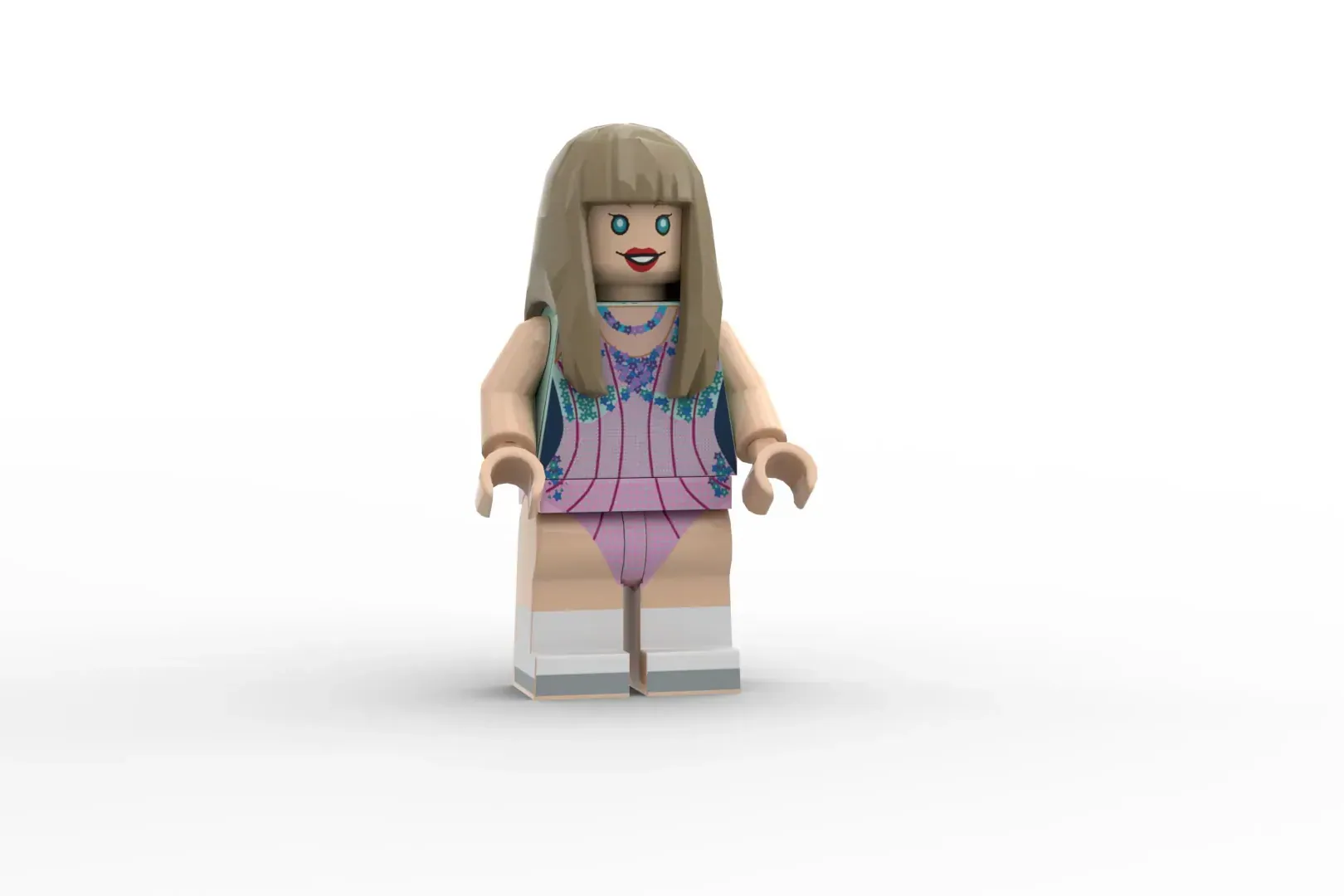 LEGO minifigure with long blonde hair, blue eyes, and purple sequined dress with teal accents and beaded necklace.