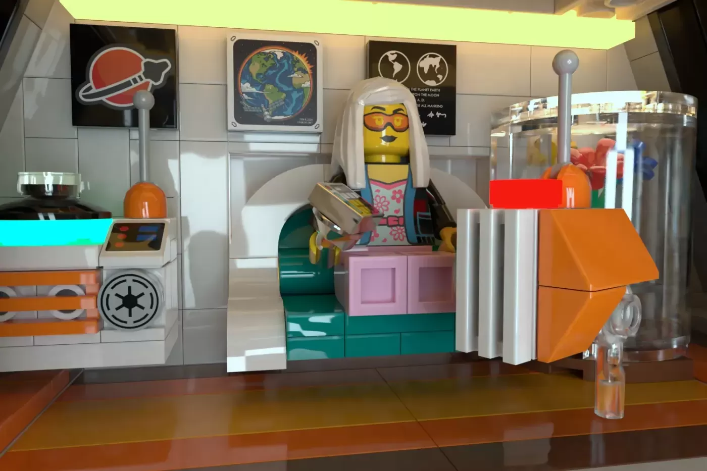 LEGO Grand Celestial Hotel display featuring a rotating gravity ring, colorful minifigure, and space-themed decorations.
