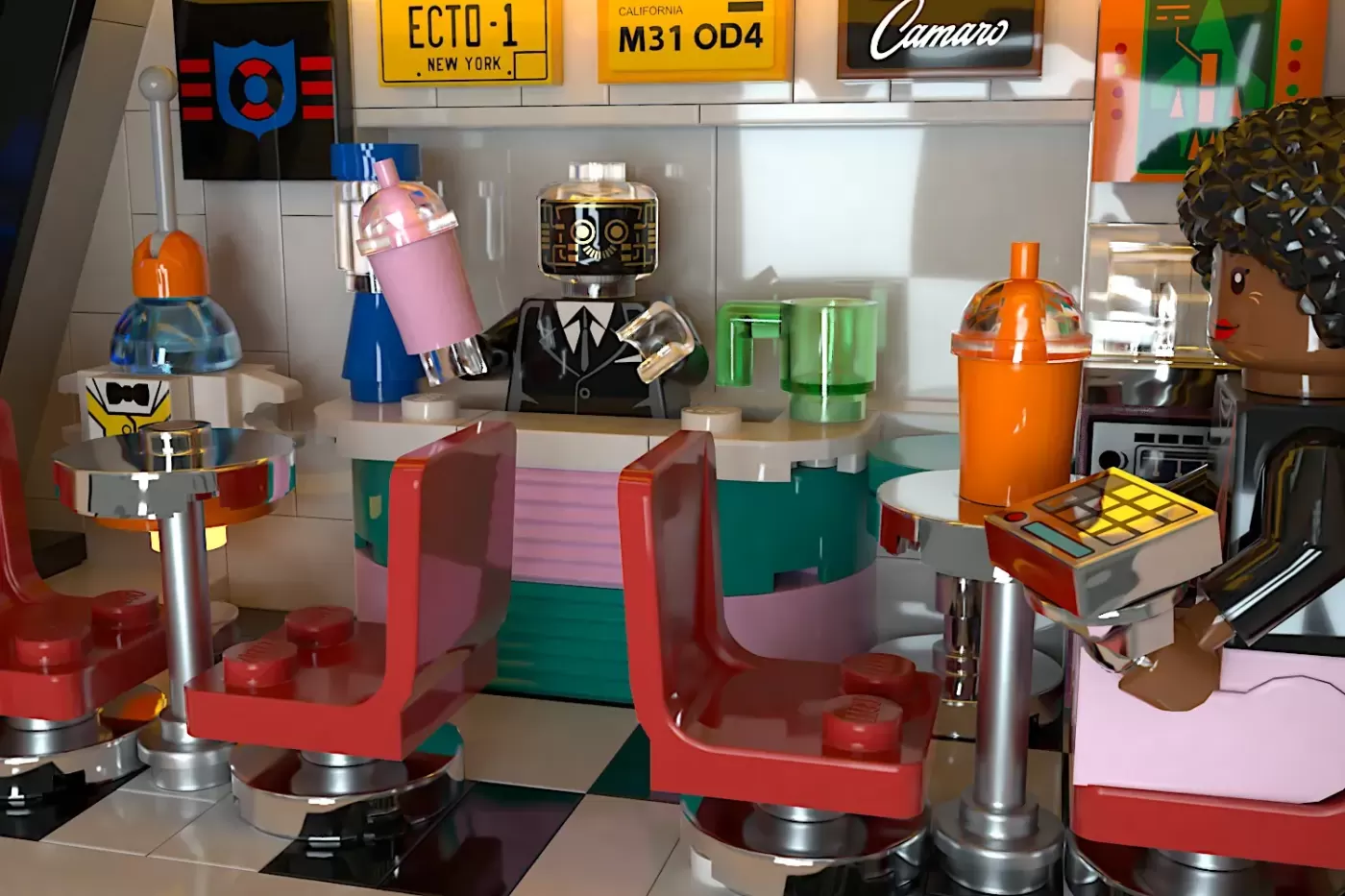 LEGO Grand Celestial Hotel interior with rotating gravity ring, minifigures, and space-themed decor including license plates.