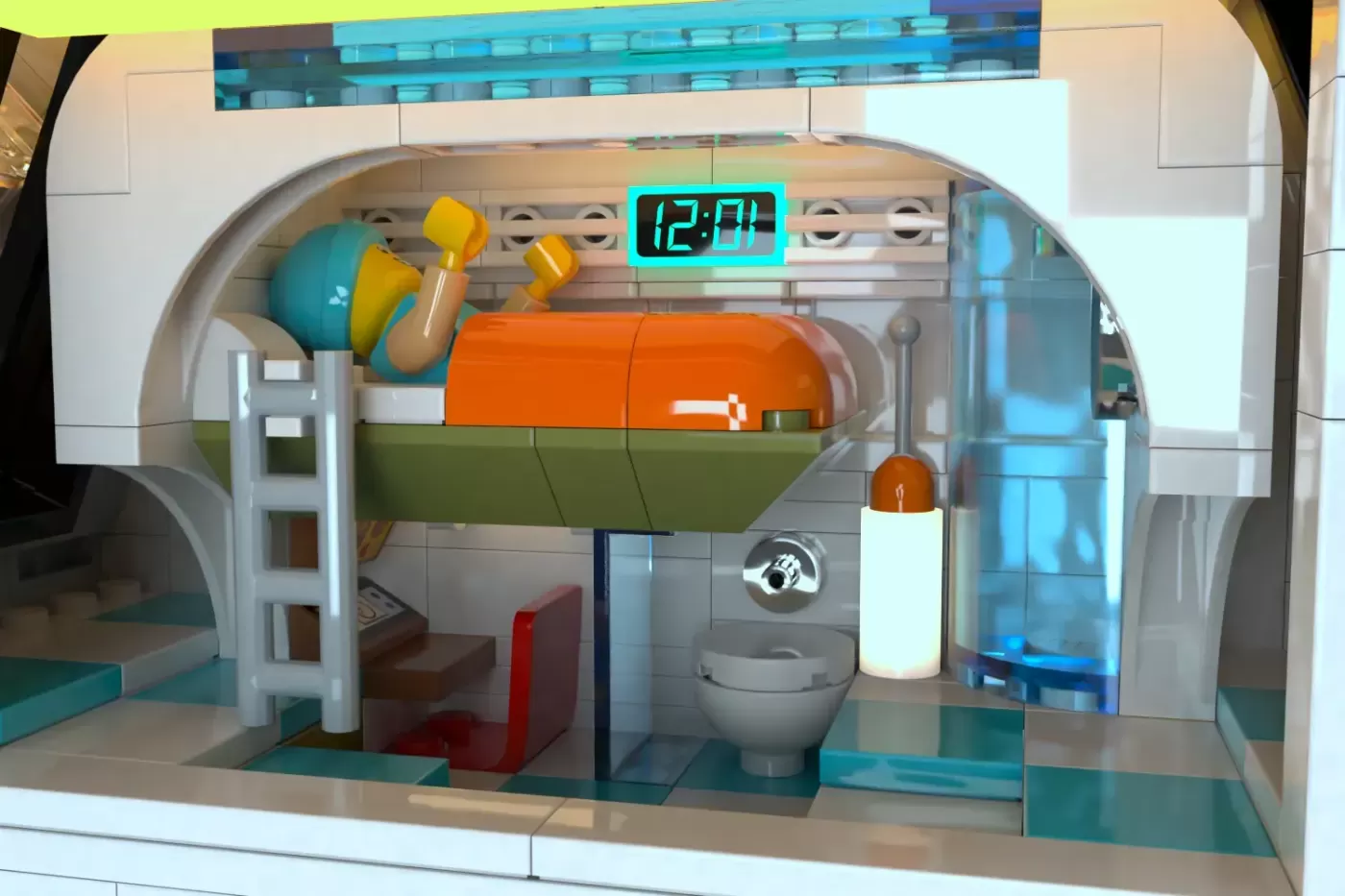 LEGO space station interior showing bathroom with bunk bed, toilet, and rotating gravity ring display with digital clock.