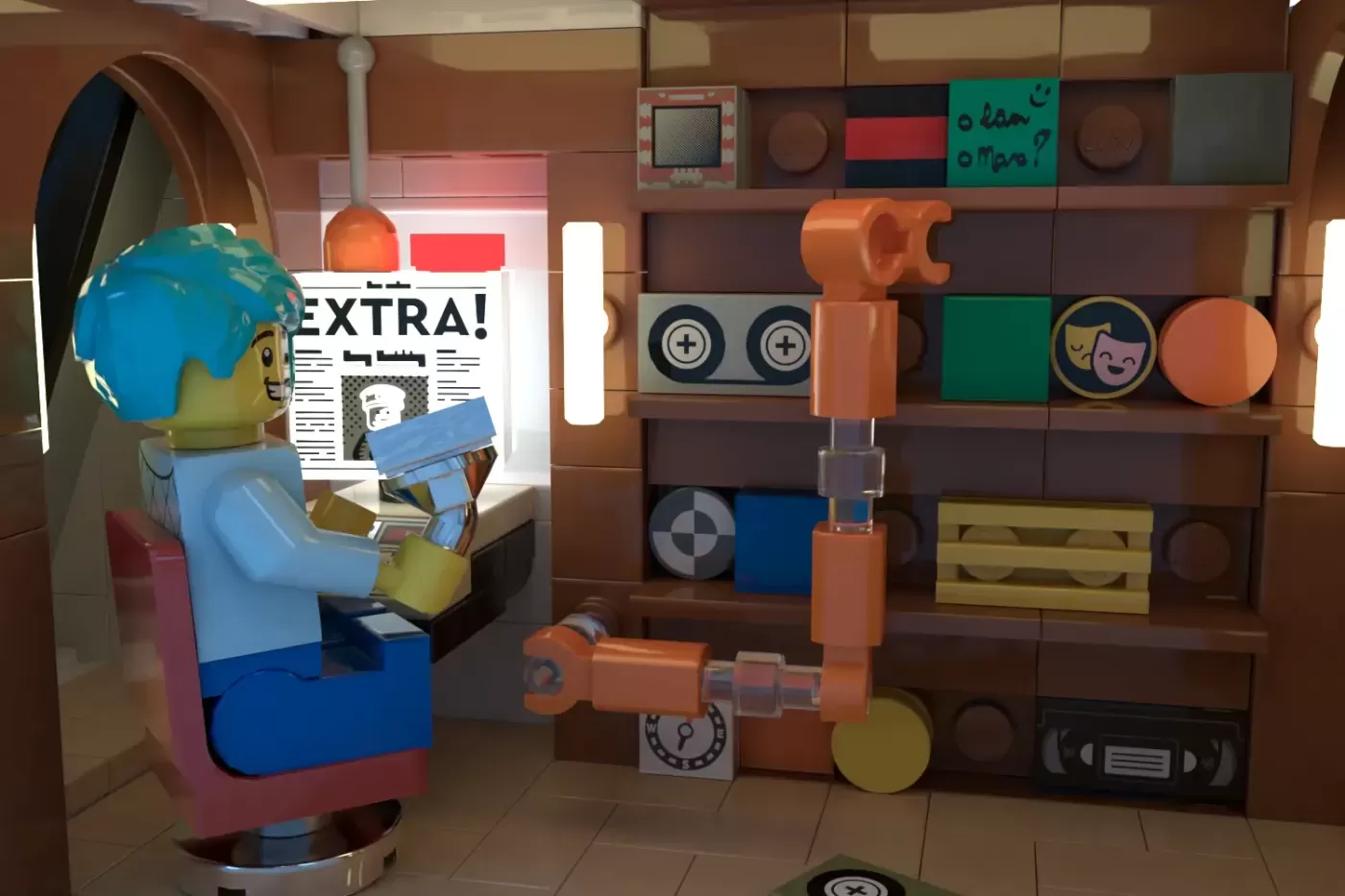 LEGO minifigure at newsstand counter in futuristic hotel lobby with rotating mechanical elements and colorful modular wall…