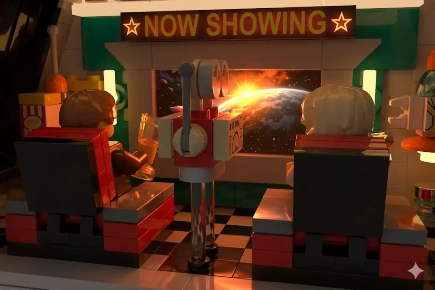 LEGO Grand Celestial Hotel with rotating gravity ring, minifigures in theater seats viewing illuminated space scene.