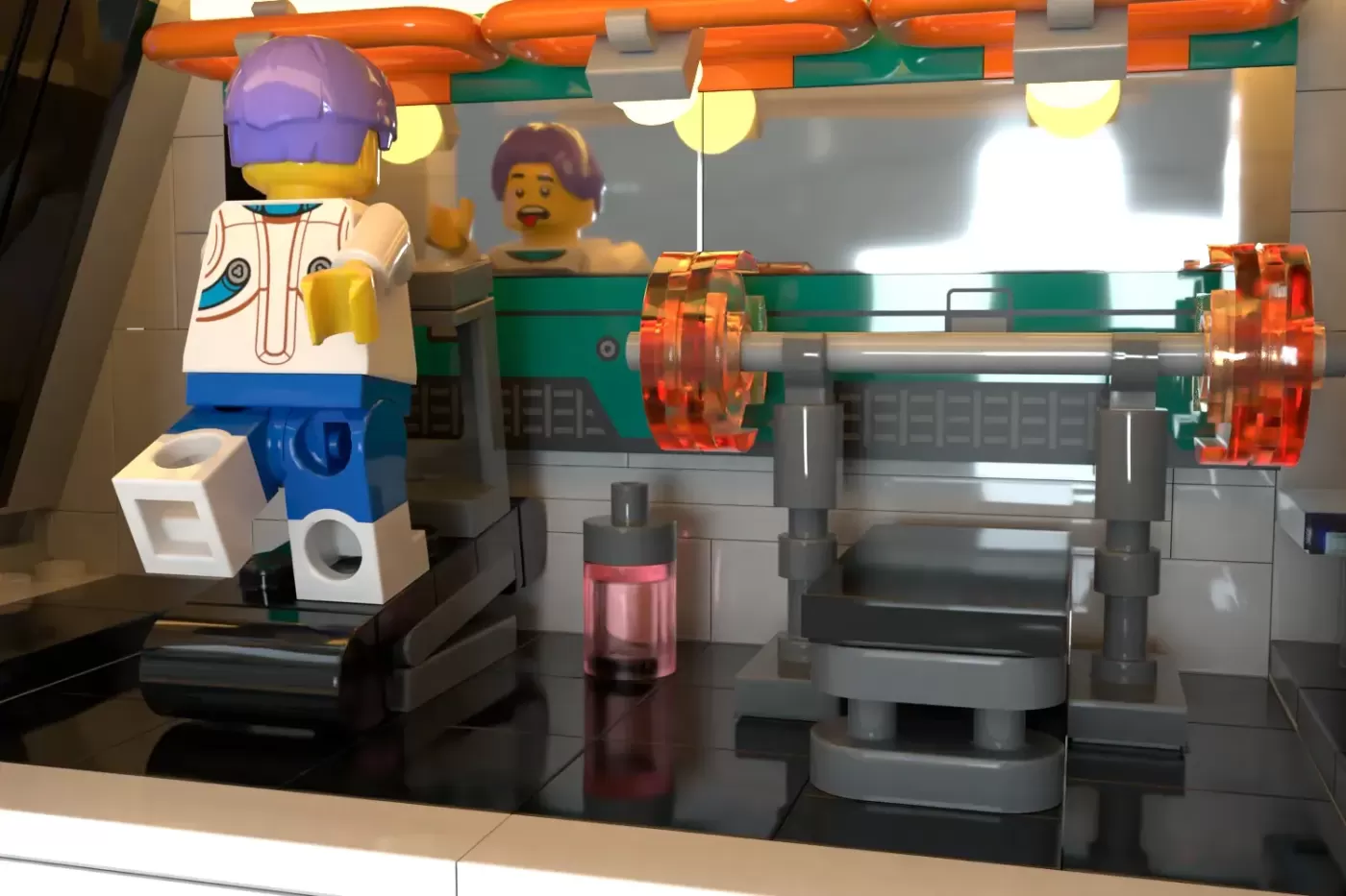 LEGO minifigures in a rotating gravity ring section of the Grand Celestial Hotel with machinery and orange/green décor.
