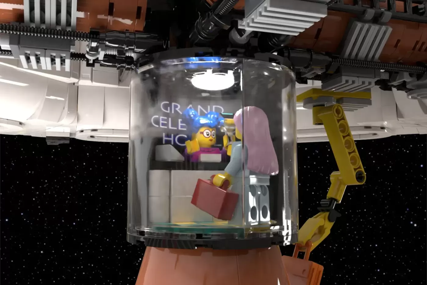 LEGO Grand Celestial Hotel orbital resort display with rotating gravity ring and minifigures inside clear dome chamber.