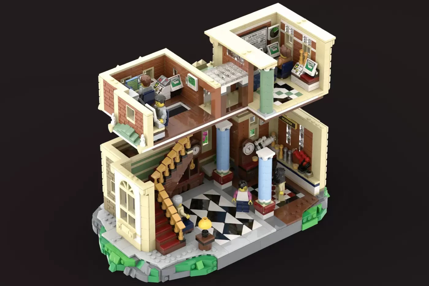 LEGO Victorian tower building with rotating telescope, three floors, minifigures, and detailed interior rooms.
