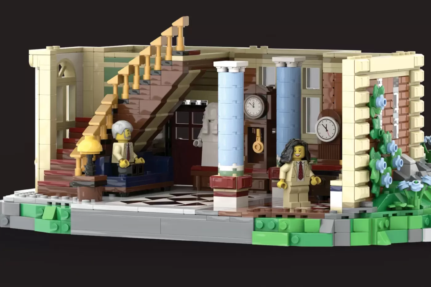 LEGO Victorian observatory set with rotating telescope, pillars, stairs, clocks, and three minifigures on display base.