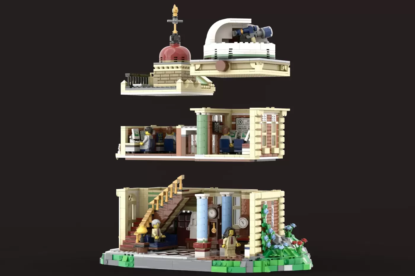 LEGO Observatory set with rotating telescope, Victorian tower, and modular base building with minifigures.
