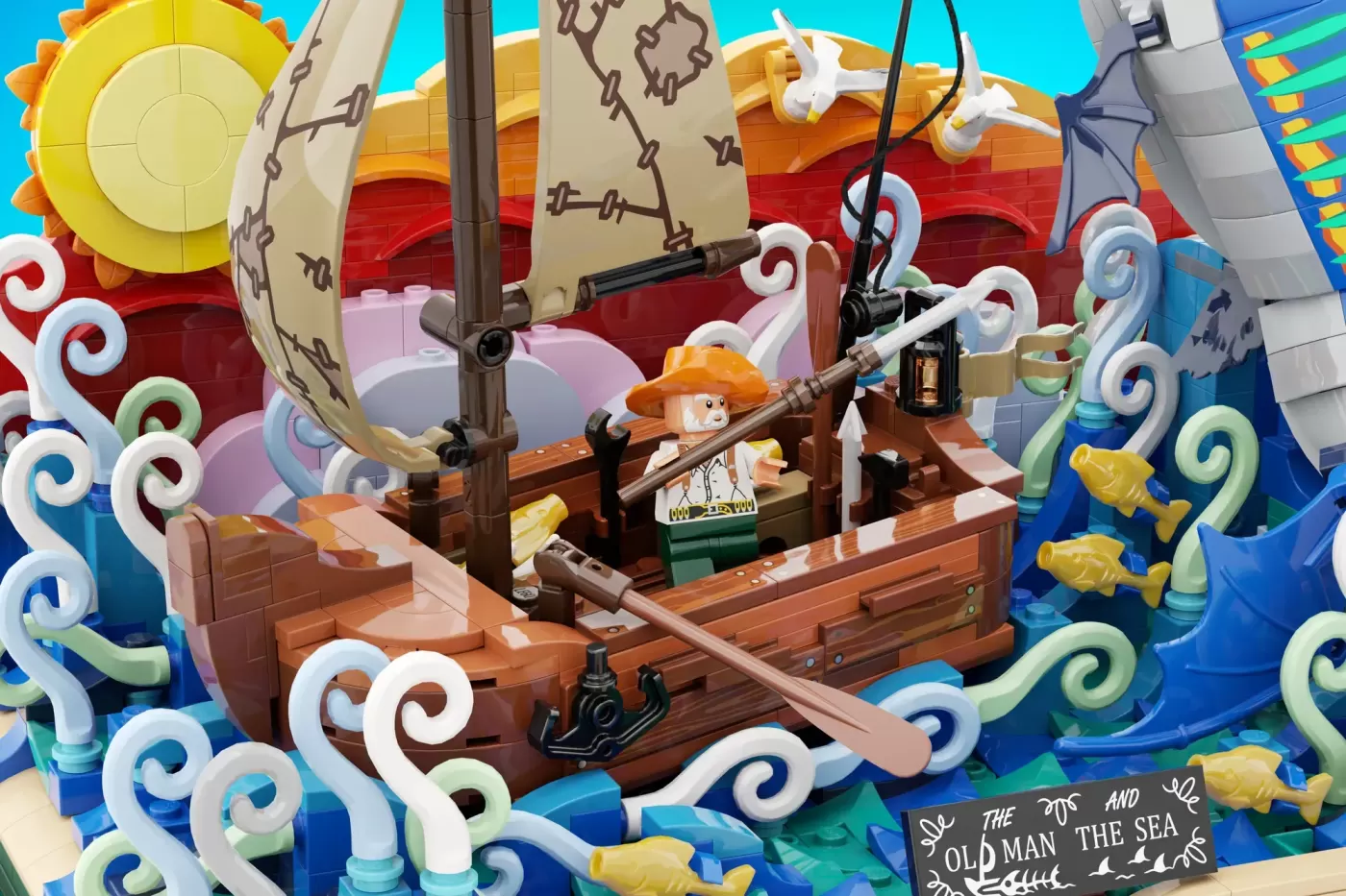 LEGO Ideas The Old Man and the Sea set with wooden boat, fishing minifigure, sail, and ocean wave details.