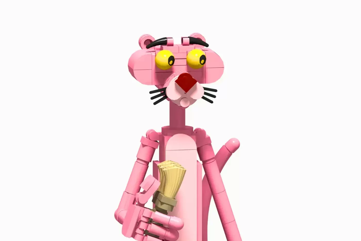 LEGO Pink Panther figure holding a paintbrush, with yellow eyes and articulated limbs on white background.