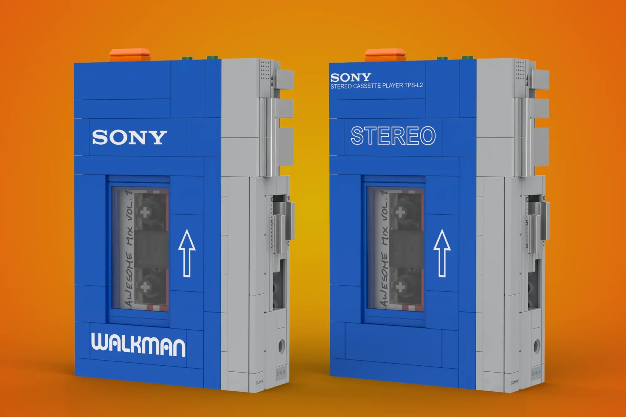 Two blue LEGO Sony Walkman models with cassette tape details against an orange gradient background.