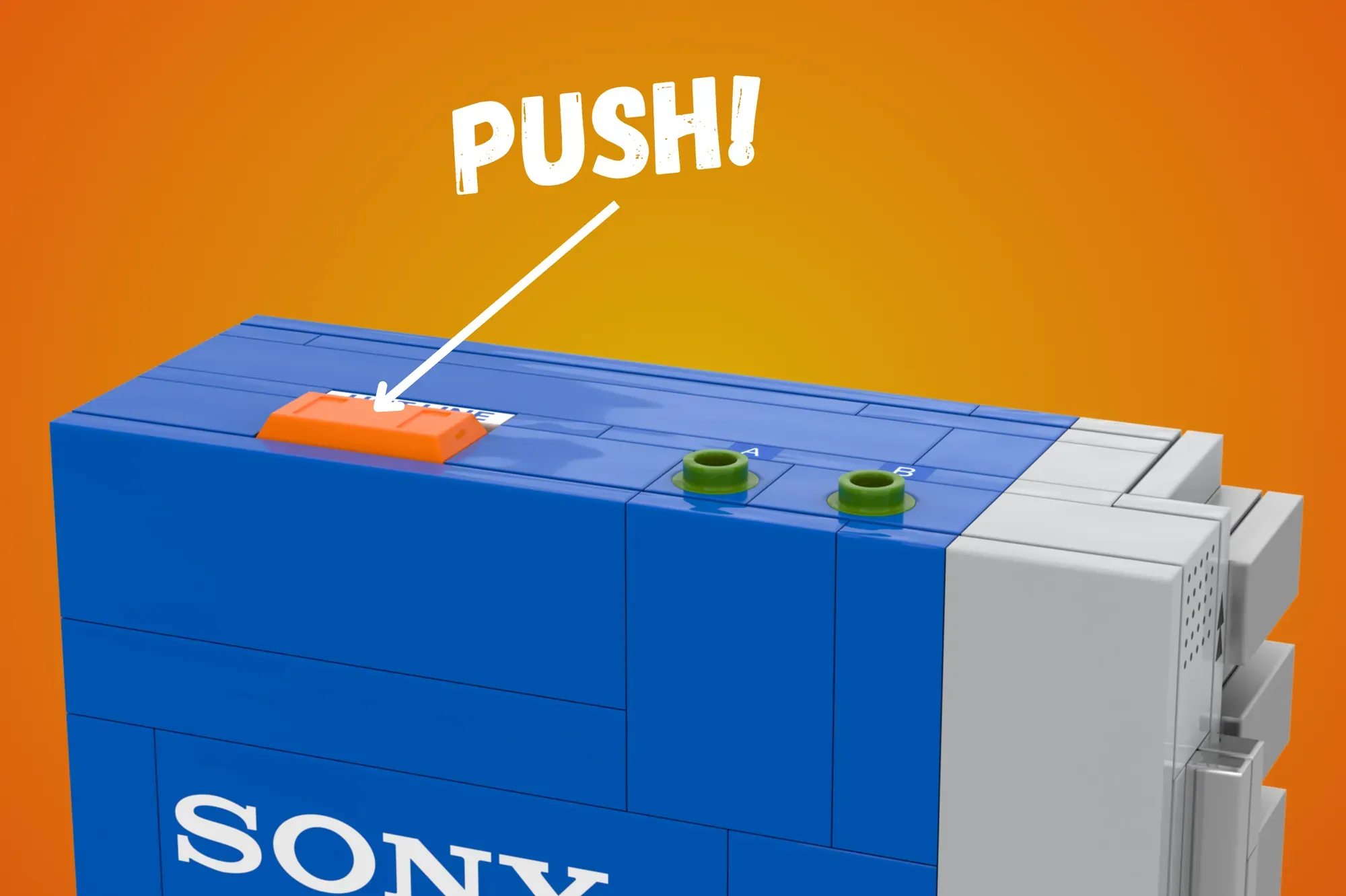 LEGO Sony Walkman model with blue casing, orange play button, and green headphone jacks on orange background.