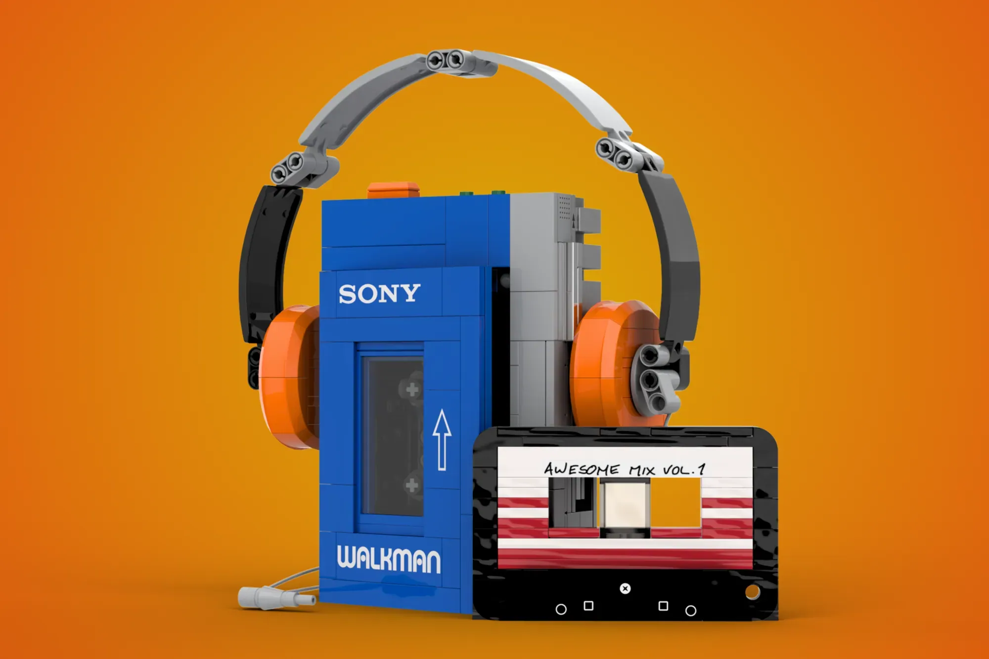 LEGO Sony Walkman set with blue cassette player, orange headphones, cassette tape, and smartphone displaying "Awesome Mix …