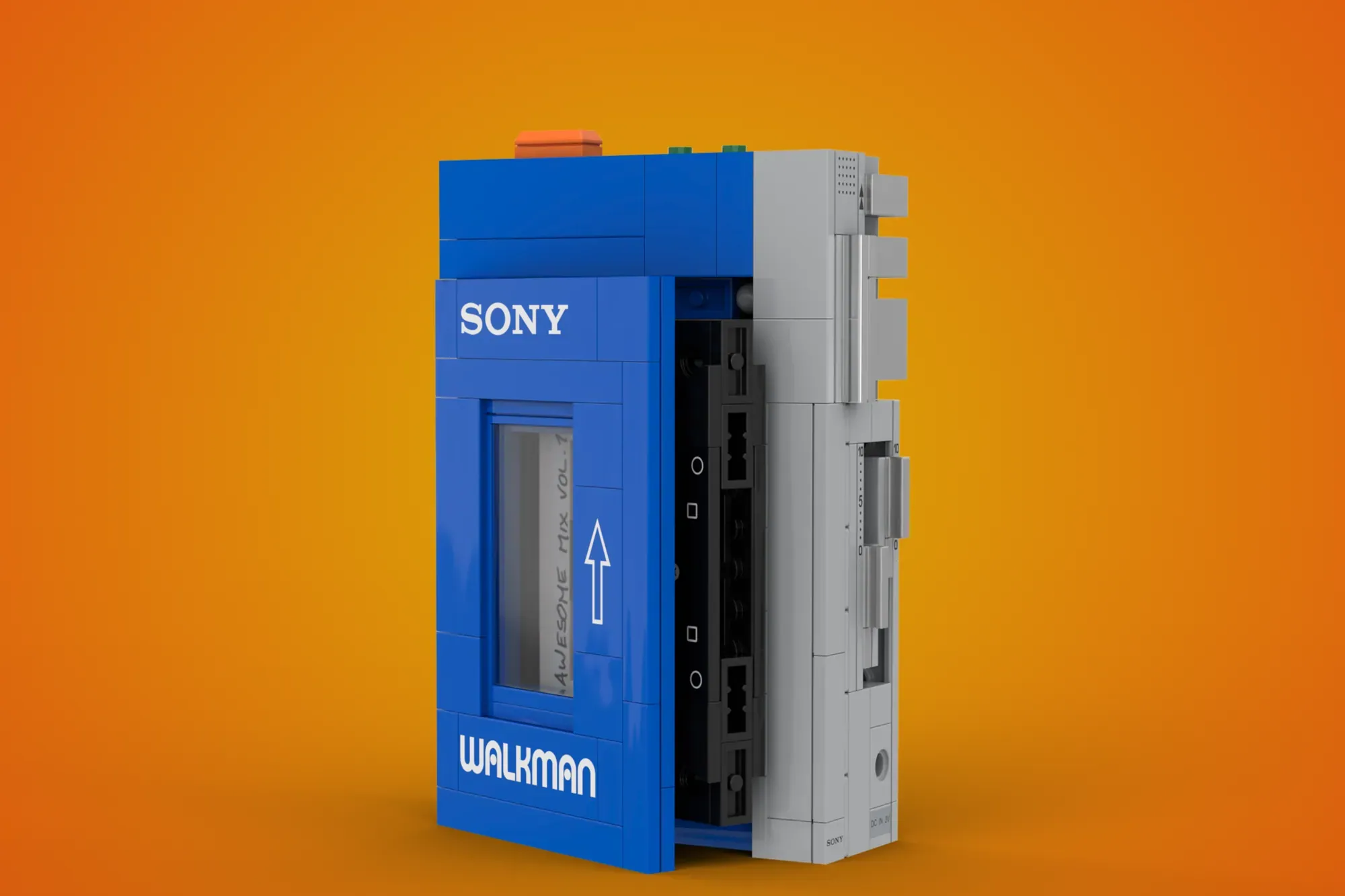 LEGO Sony Walkman model in blue with "WALKMAN" text, featuring a cassette tape window and gray interior details against an…