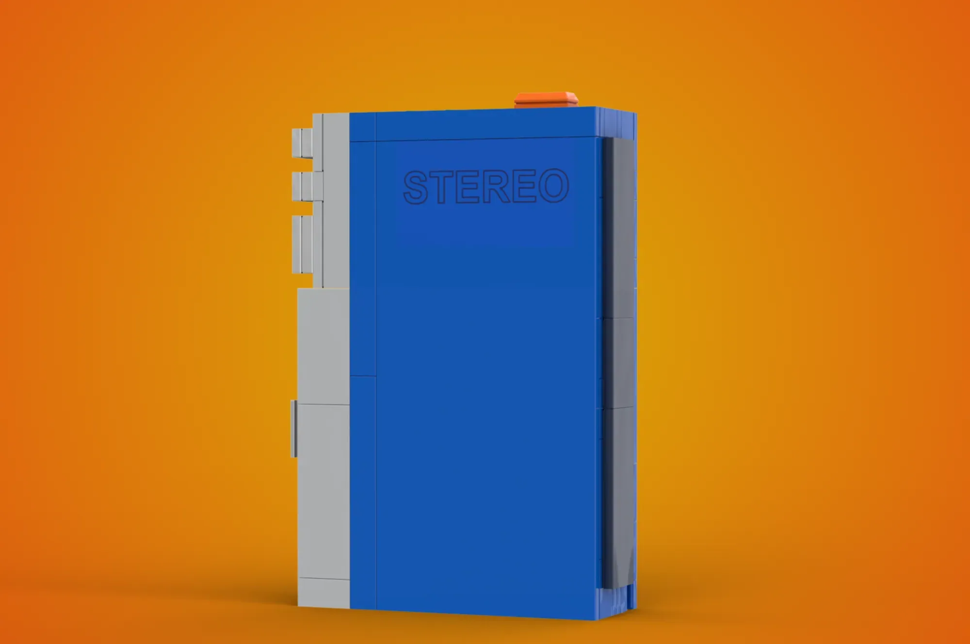 LEGO Sony Walkman model in blue with gray side panels and orange headphone jack against orange gradient background.