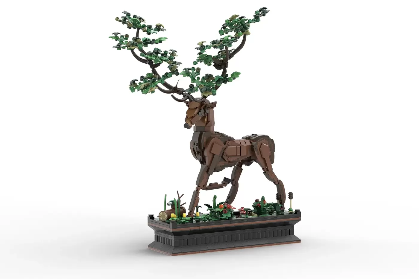 LEGO stag sculpture with brown body, articulated legs, and seasonal foliage crown on dark display base.