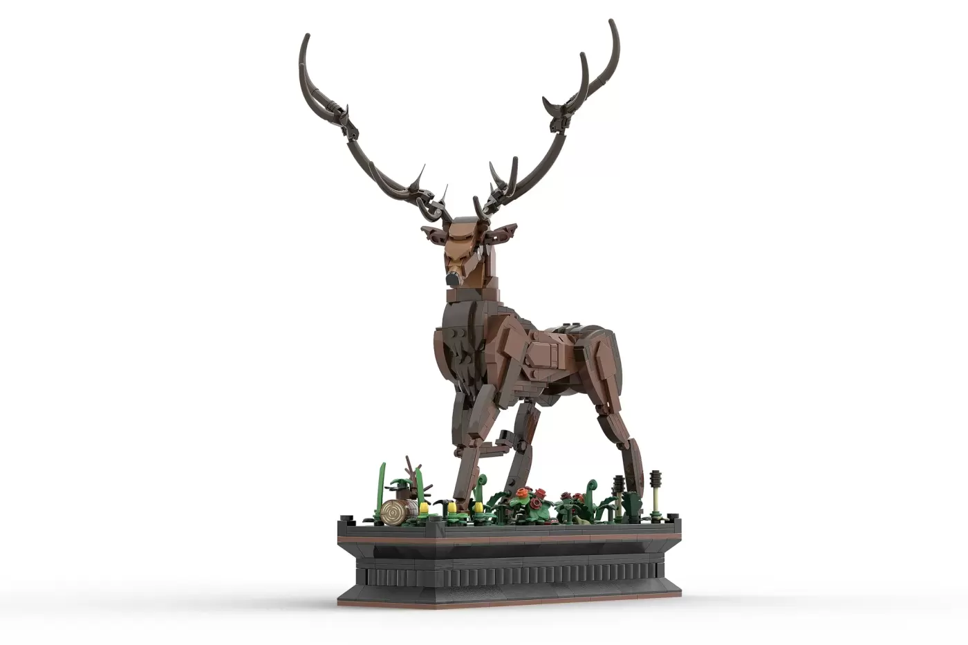 LEGO Ideas Stag of Seasons model: mechanical deer with articulated antlers on decorated base platform.