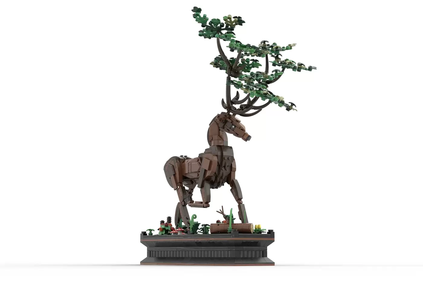 LEGO stag sculpture with seasonal antlers and living tree, standing on decorative base with minifigures.