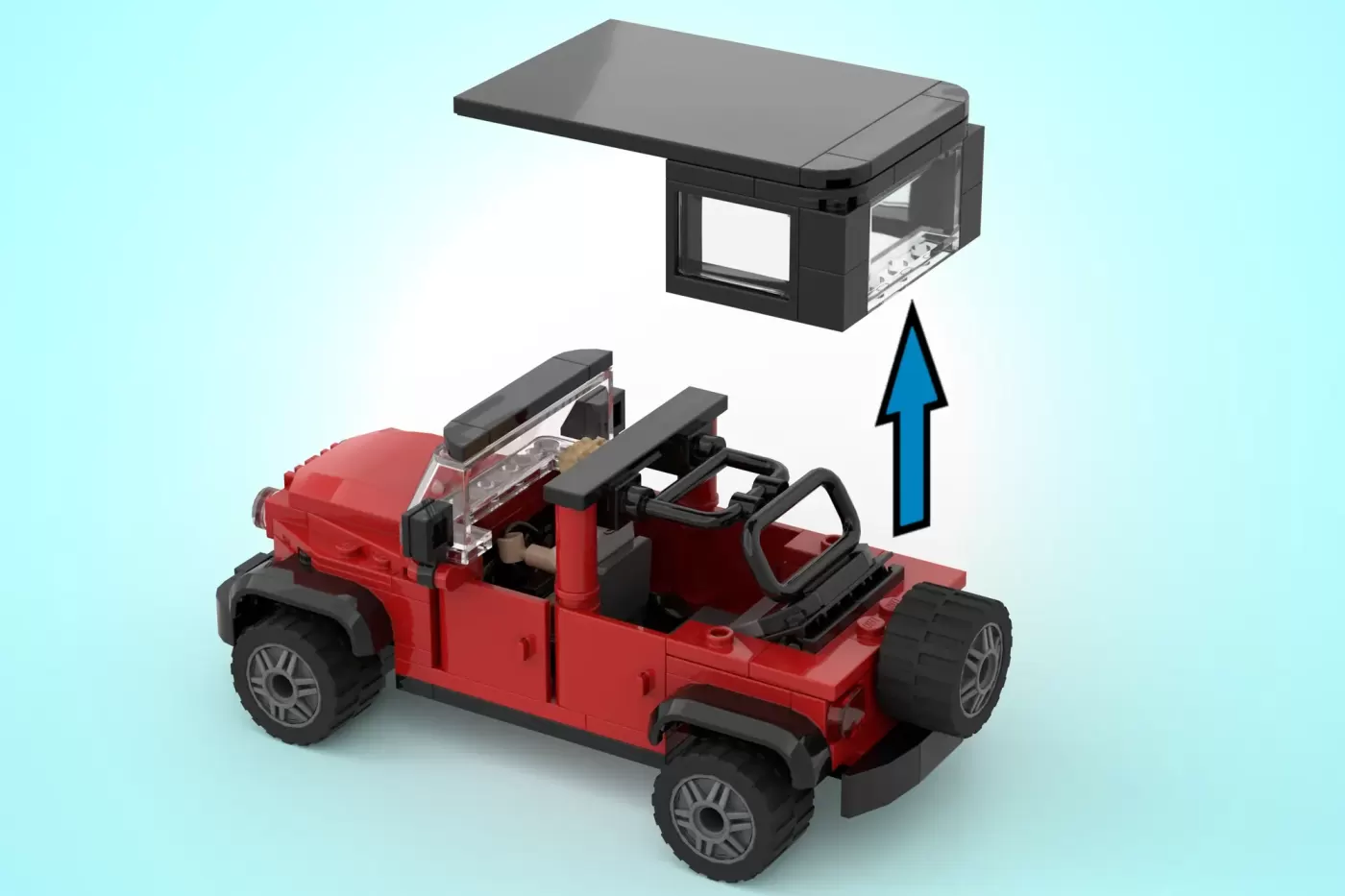 Red LEGO jeep with open roof and blue arrow pointing to black detachable canopy top on light blue background.