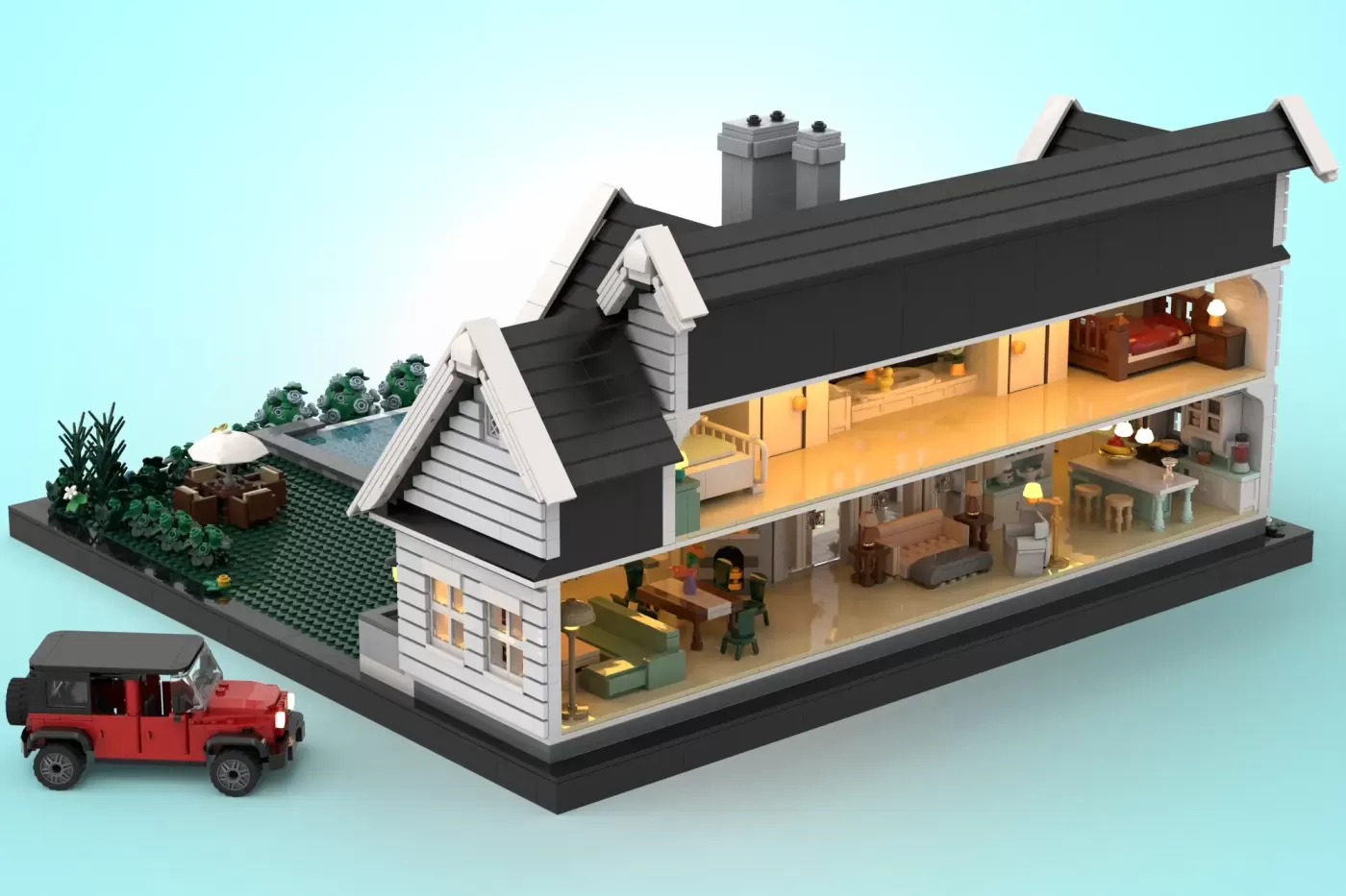 LEGO house model with cutaway showing interior rooms, garden with vegetation, and red truck outside on turquoise background.