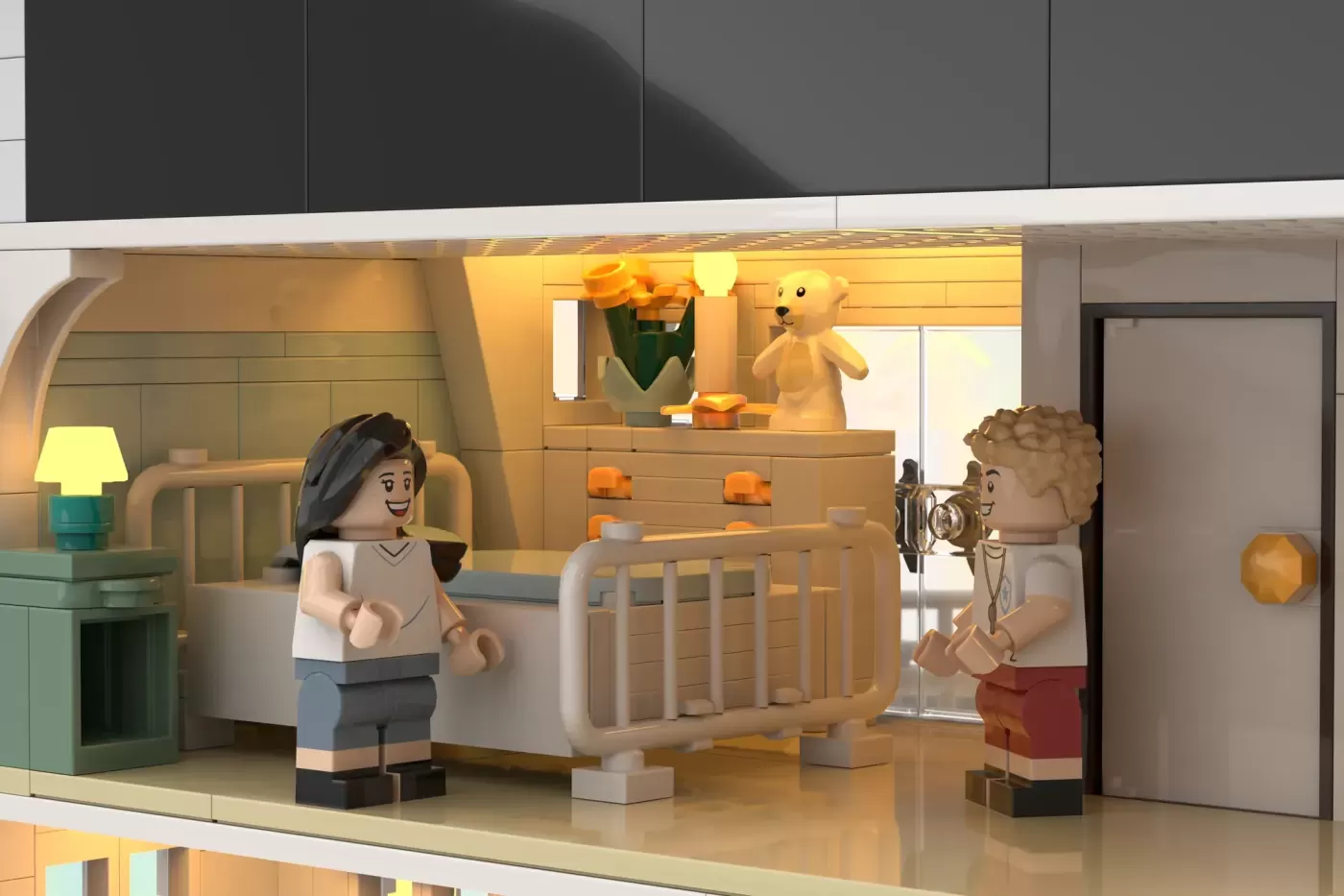 LEGO nursery scene with two minifigures beside a crib and yellow teddy bear on dresser.