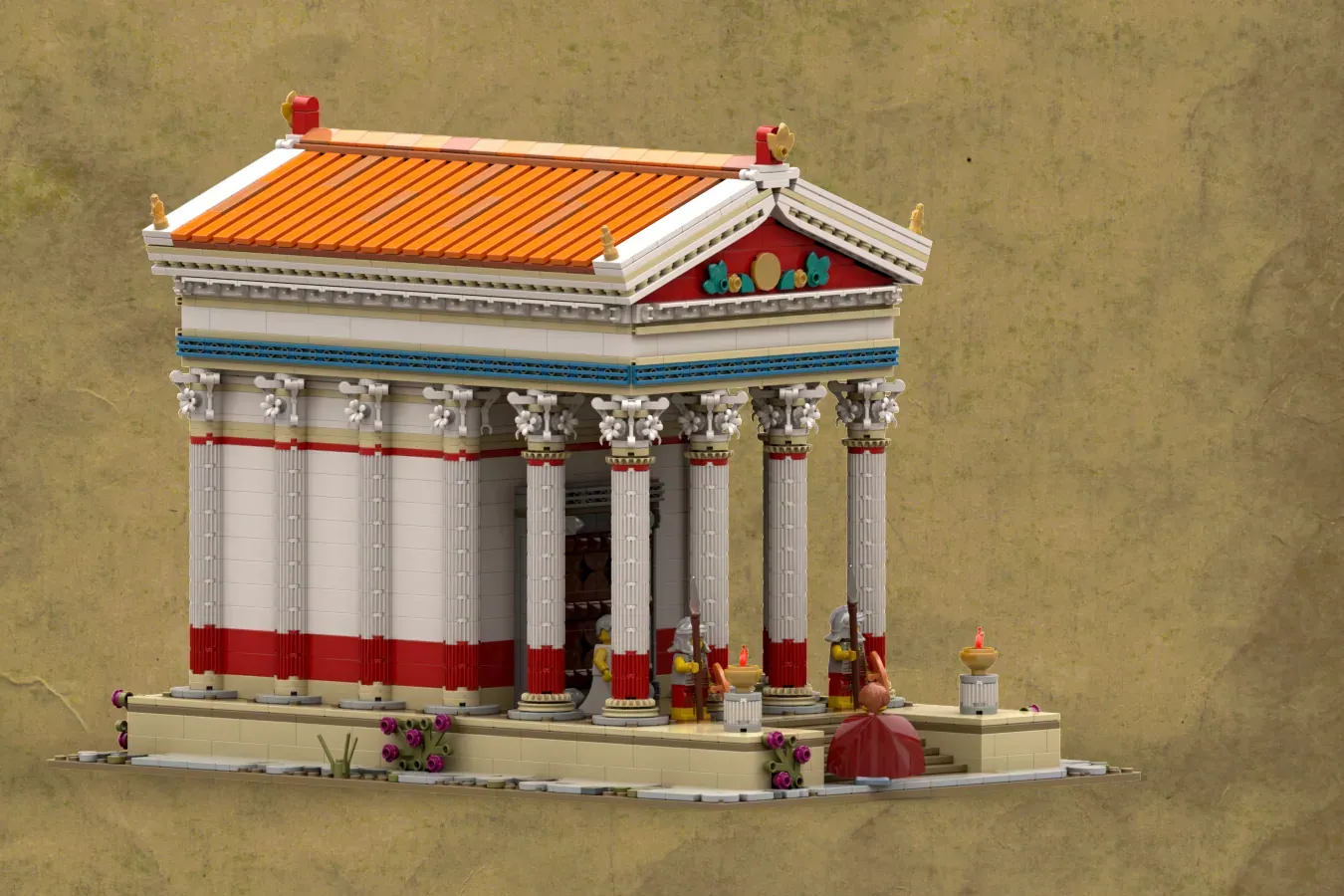 LEGO Roman temple with red and white striped columns, orange roof, decorative capitals, and minifigures on a beige base.