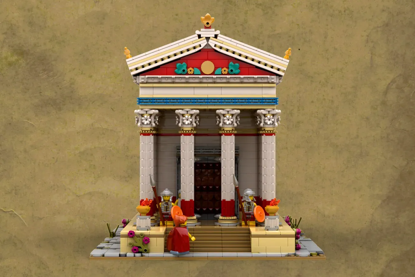 LEGO Roman temple with red roof, four white columns, minifigures, ornate details, and decorative base elements.