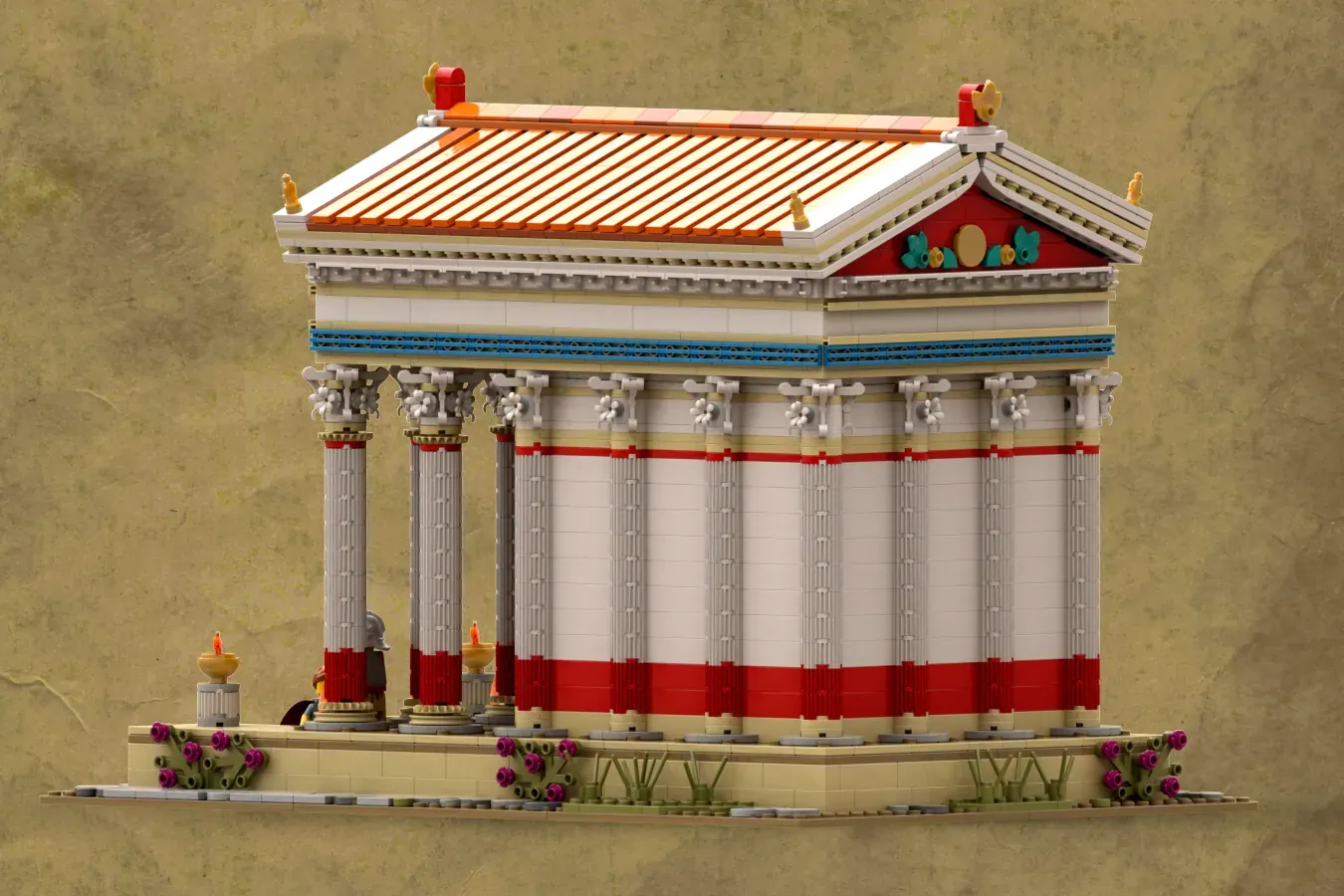 Detailed LEGO Roman temple with red-striped columns, ornate roof, decorative flowers, and classical architecture elements.