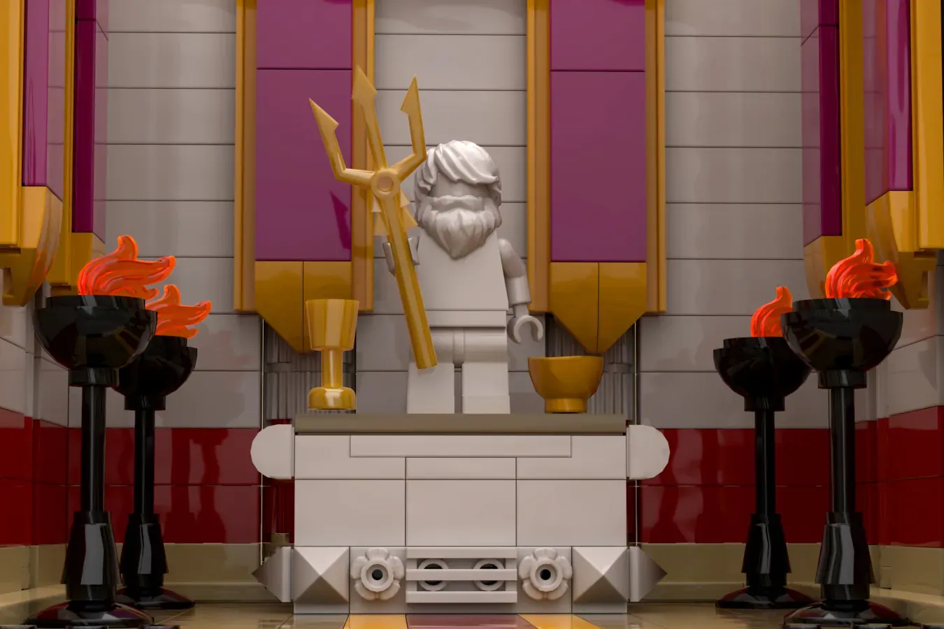 LEGO Roman temple with white bearded figure holding golden trident, flanked by flaming torches and gold architectural deta…