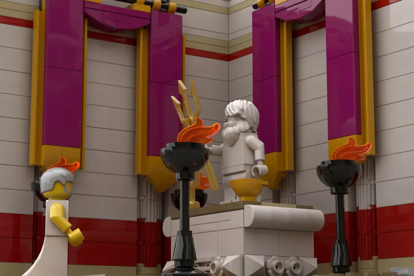 LEGO Roman temple with white marble statue, golden torches with flames, and red-striped columned architecture.