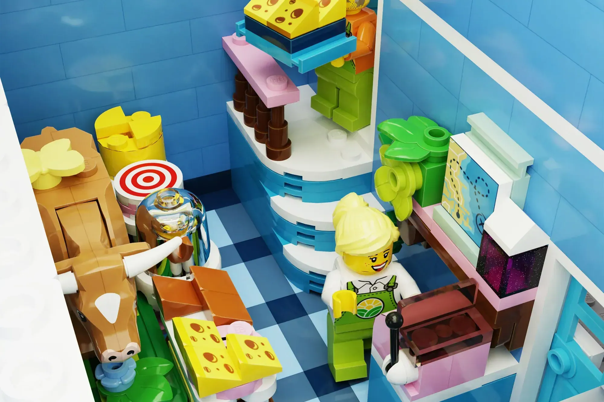 LEGO dairy shop set with minifigure, cheese display, store counter, and colorful modular building interior.