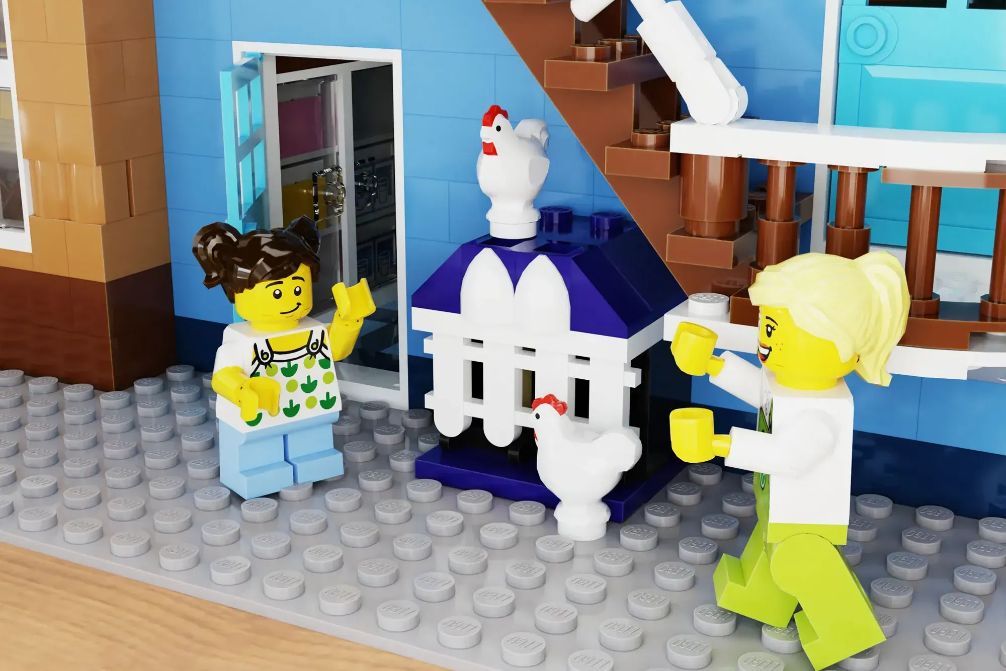 LEGO dairy shop scene with two minifigures, white building with purple roof, and chicken sculptures on gray baseplate.