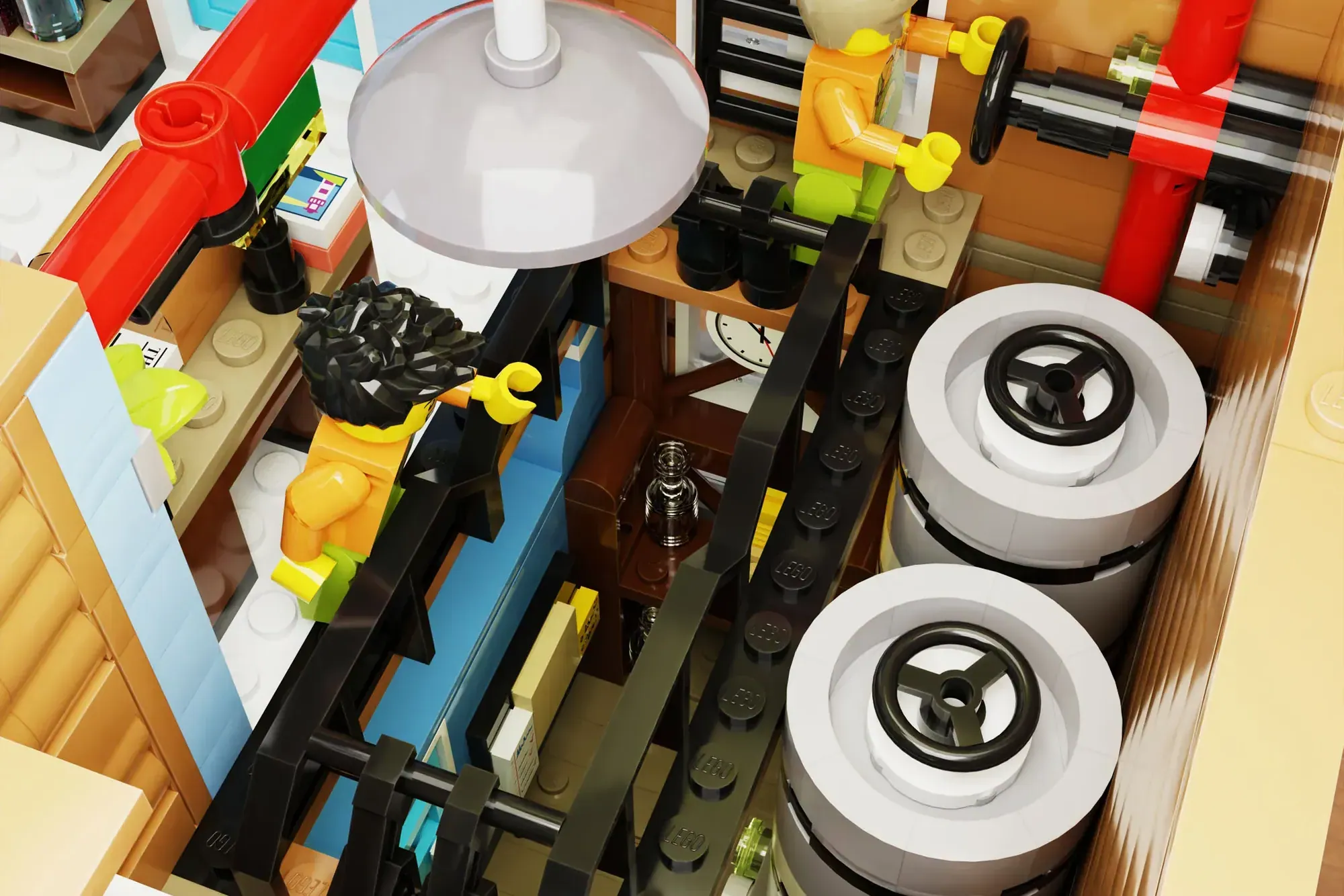 LEGO dairy shop modular set featuring cheese-making equipment, yellow and black minifigure, and white display stands.