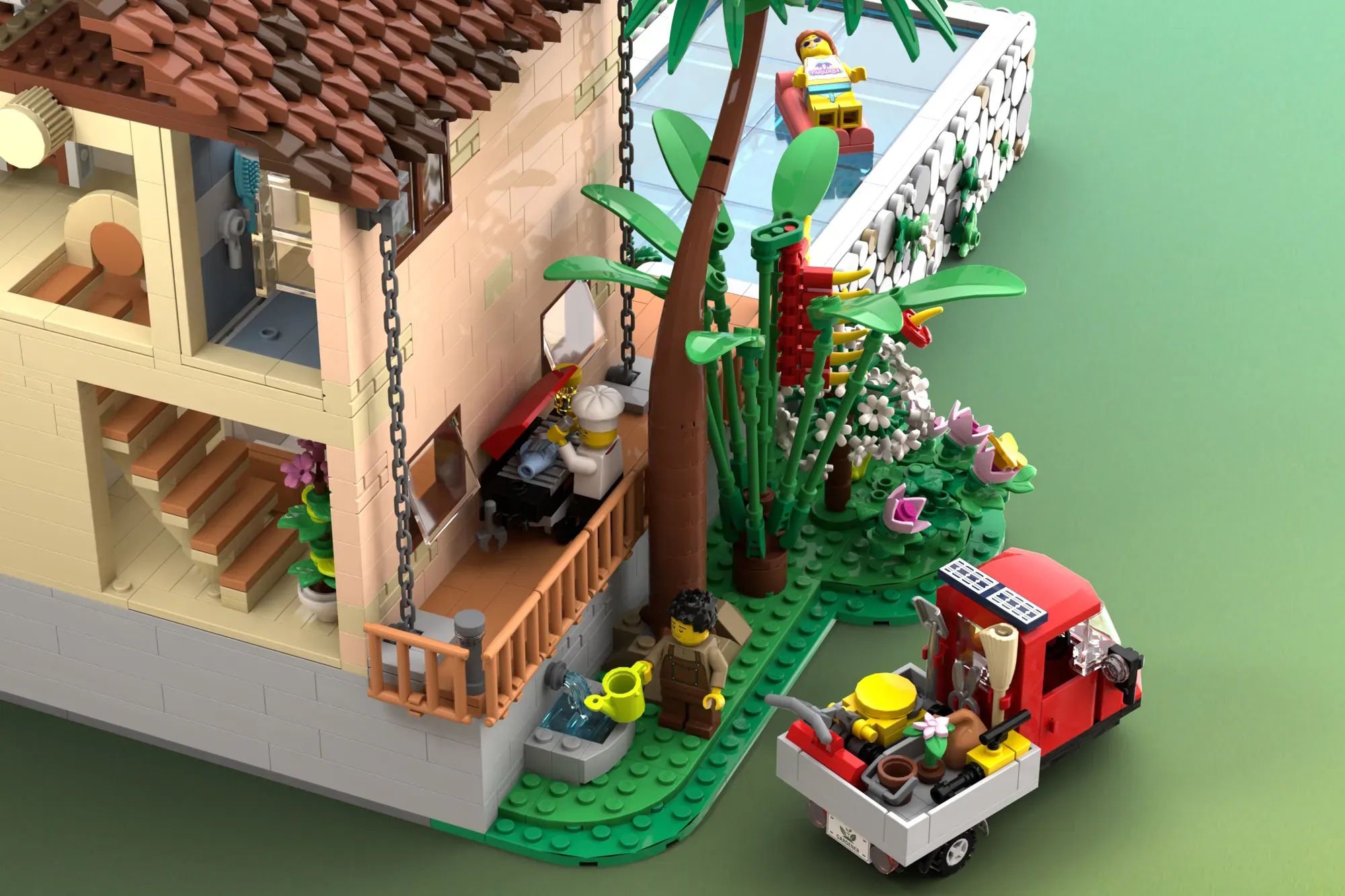 LEGO Caribbean Holiday set with house, pool, solar-powered vehicle, tropical plants, and minifigures.