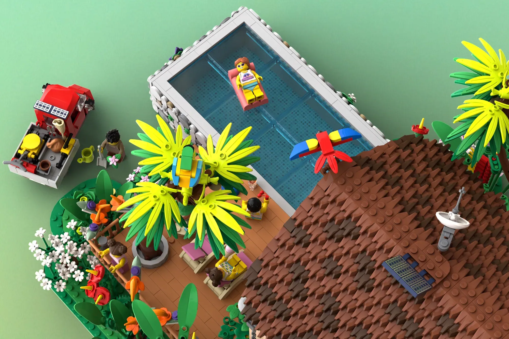 LEGO Caribbean Holiday set with pool, solar van, minifigures, tropical plants, and beach scenery on green background.
