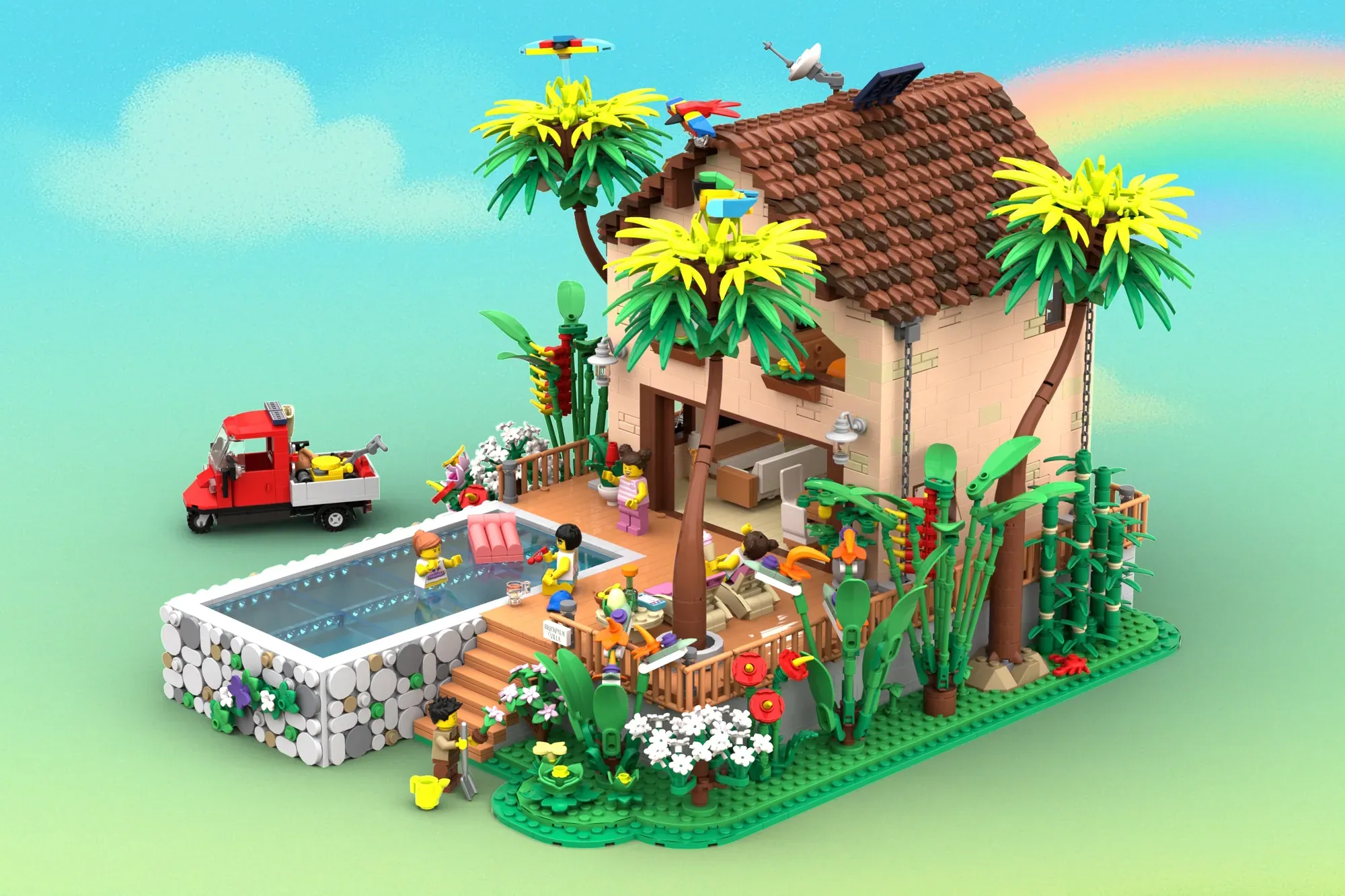 LEGO Caribbean Holiday set with beach house, swimming pool, palm trees, minifigures, and red solar-powered truck.